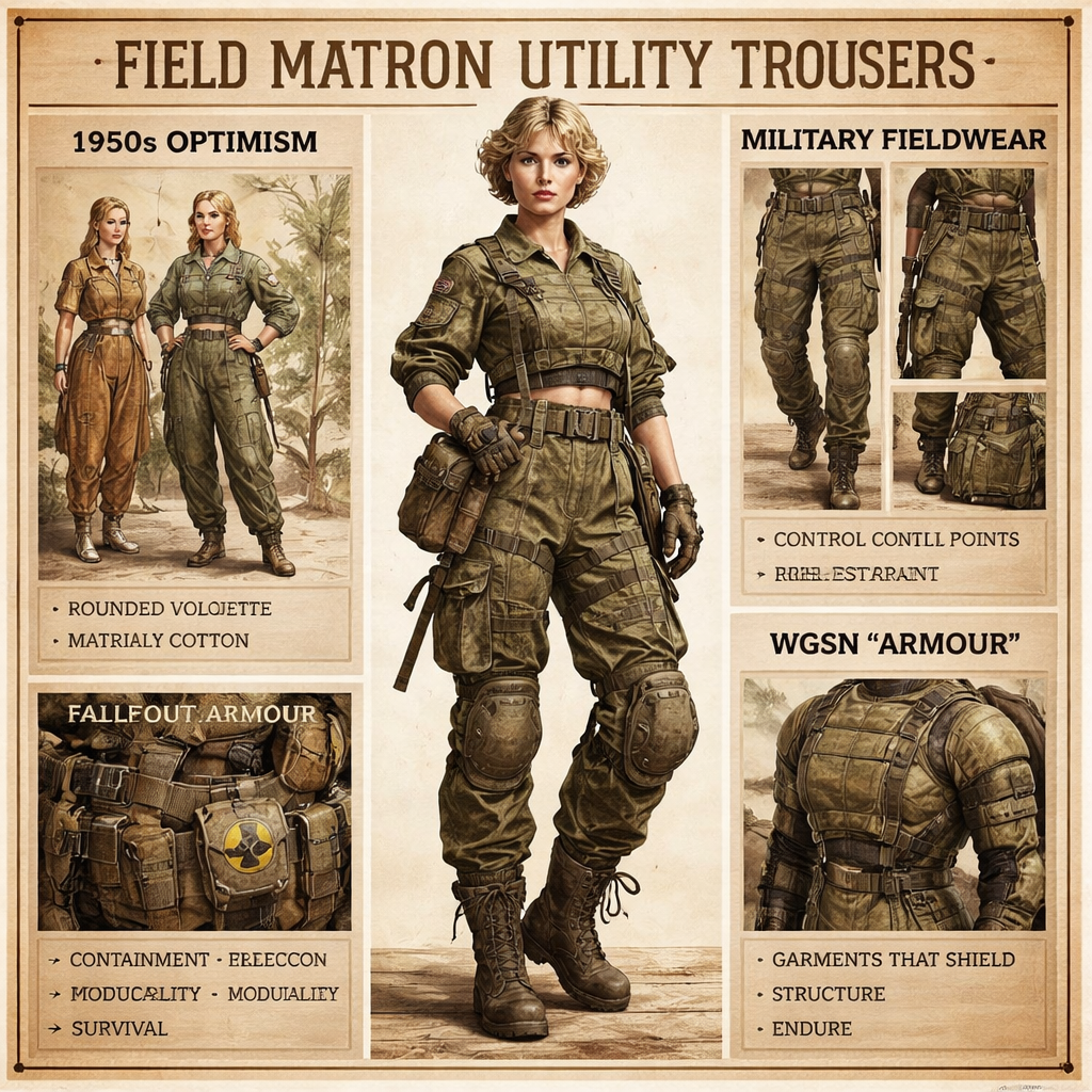 1950s optimism, military fieldwear, FALLOUT/armour and WGSN "Armour". Label the Centre: Field Matron Utility Trousers. 1950s optimism – rounded volume, material silhouette, utility cotton; Military GFieldwear - control points, reinforcement, restraint; FALLOUT/armour - containment, protection, modularity, survival; and WGSN "Armour" - garments that shield, structure and endure.
1950s optimism, military fieldwear, FALLOUT/armour and WGSN "Armour". Label the Centre: Field Matron Utility Trousers. 1950s optimism – rounded volume, material silhouette, utility cotton; Military GFieldwear - control points, reinforcement, restraint; FALLOUT/armour - containment, protection, modularity, survival; and WGSN "Armour" - garments that shield, structure and endure., military style