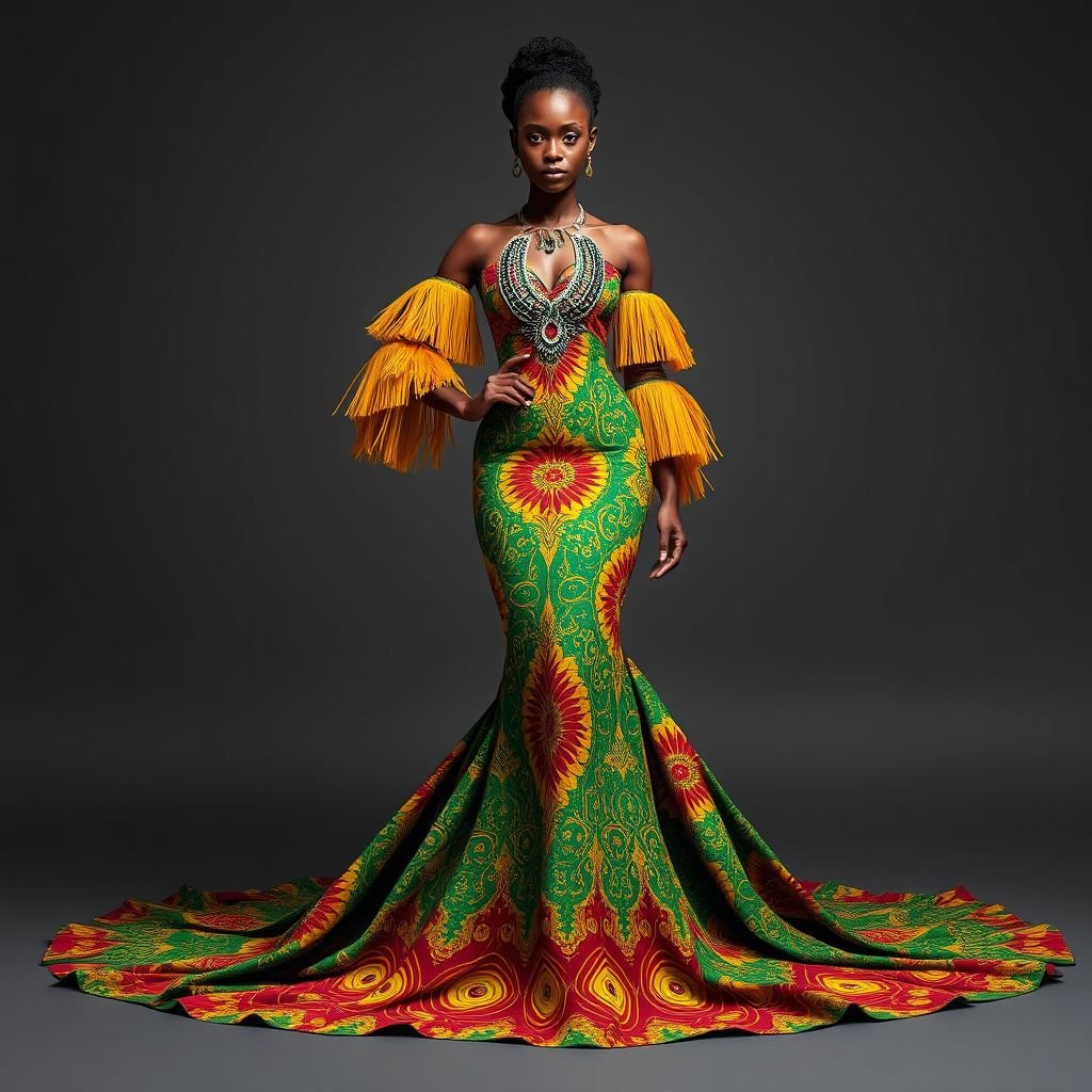 Kente
Design a stunning evening gown inspired by Kente cloth, featuring vibrant patterns of gold, green, and red. Incorporate a contouring silhouette that flows elegantly to the floor, accented with bold fringed sleeves. The bodice showcases intricate beadwork reflecting traditional African artistry, while a dramatic train adds grandeur to this cultural masterpiece.