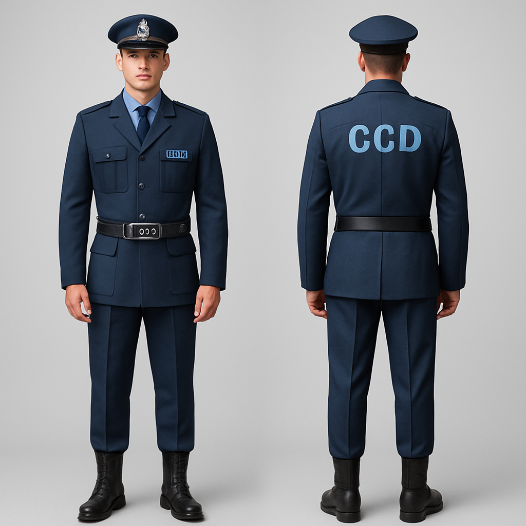 Uniform of a newly created wing of police that deals with serious and organised crime and investigations. Instead of police it should have the words CCD. It consists of trouser and coat. The headgear is a smart p cap. The colour scheme is bluish. The boots are leather. The belt should not be too thin and its buckle can be steel plate with CCD written on it.
Uniform of a newly created wing of police that deals with serious and organised crime and investigations. Instead of police it should have the words CCD. It consists of trouser and coat. The headgear is a smart p cap. The colour scheme is bluish. The boots are leather. The belt should not be too thin and its buckle can be steel plate with CCD written on it. , formal style, show front and back