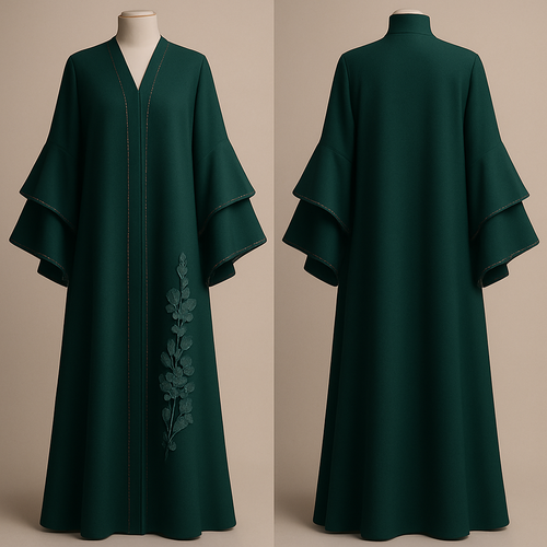 The Luxury Double-Sleeve Abaya
Tone: Deep Emerald Design: Layered double-sleeve with stone outlines and a few floral appliqués. Why it will sell: Double-sleeve designs trend every year sophisticated and instantly attractive.
