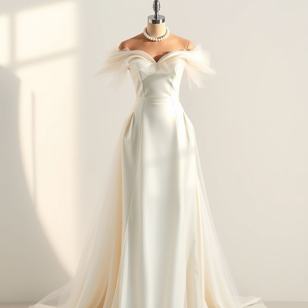 Wedding dress in white with pearls off shoulder in satin and tulle fabric
Design a whimsical wedding dress blending elegance and enchantment. The gown features an off-shoulder silhouette adorned with cascading layers of sheer tulle, creating ethereal movement. Lustrous satin forms the sleek bodice, while pearl embellishments elegantly highlight the neckline. Flowy, floor-length skirts with discreet pockets offer both romance and practicality for modern brides.