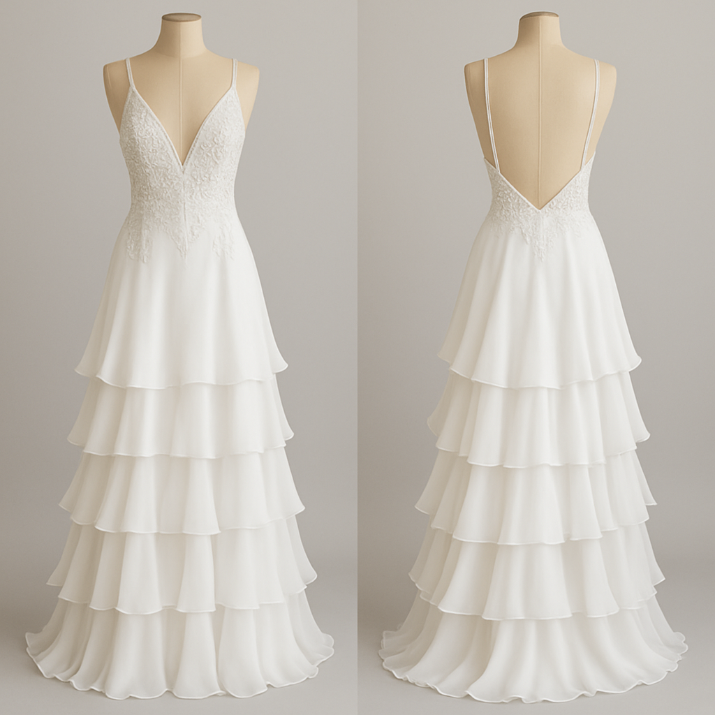 Low cut evening dress. White with white beading embroidery in the middle part and a tiered ruffle long maxi skirt
Low cut evening dress. White with white beading embroidery in the middle part and a tiered ruffle long maxi skirt , glamorous style, show front and back
