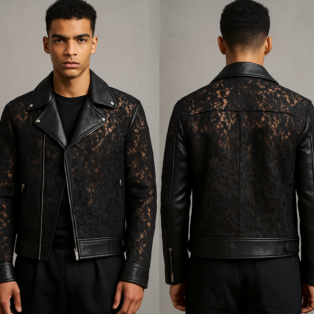 Veste homme en cuir très original avec de la dentelle
Plus audacieux
Veste homme en cuir très original avec de la dentelle
Plus audacieux , streetwear style, show front and back