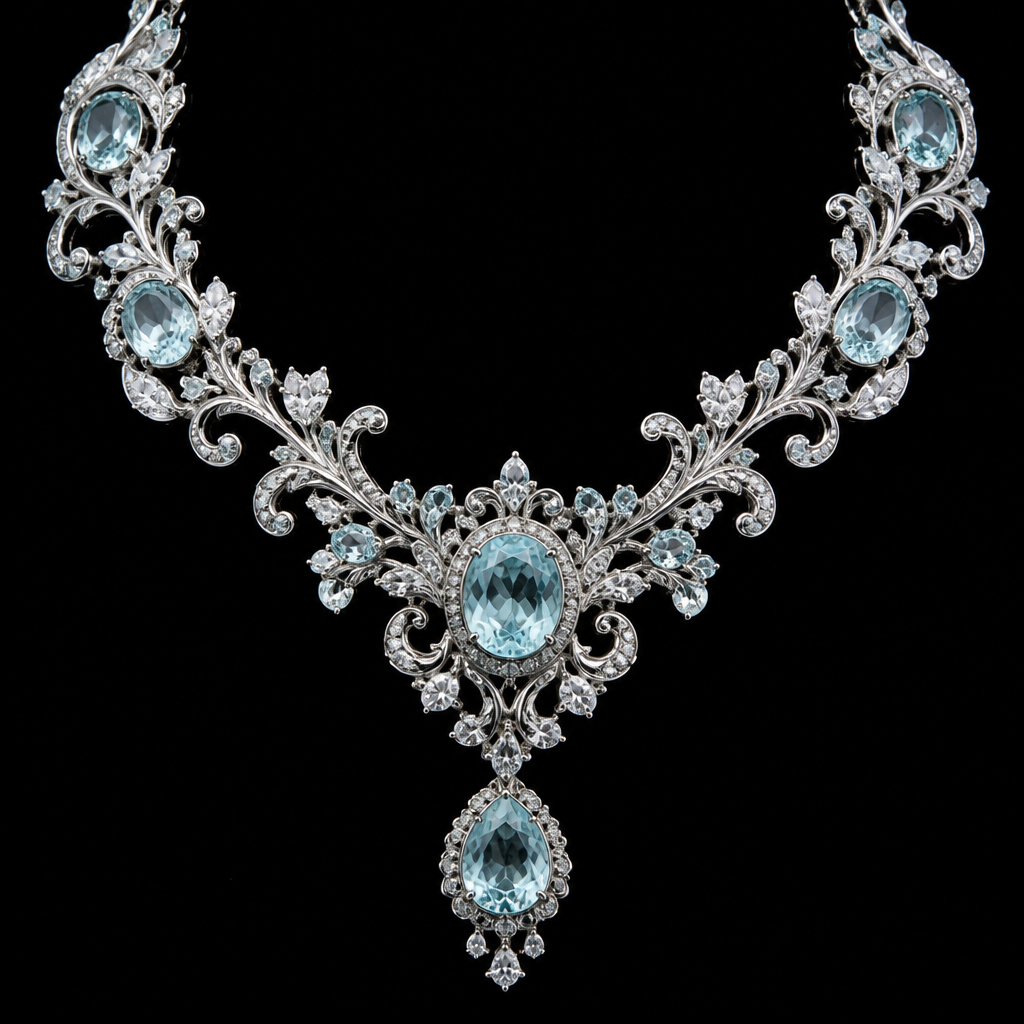 Aquamarine & Diamond Necklace, Black Background, Product Photo
photorealistic fashion design, Aquamarine & Diamond Necklace, Black Background, Product Photo, rococo style, just the design no text