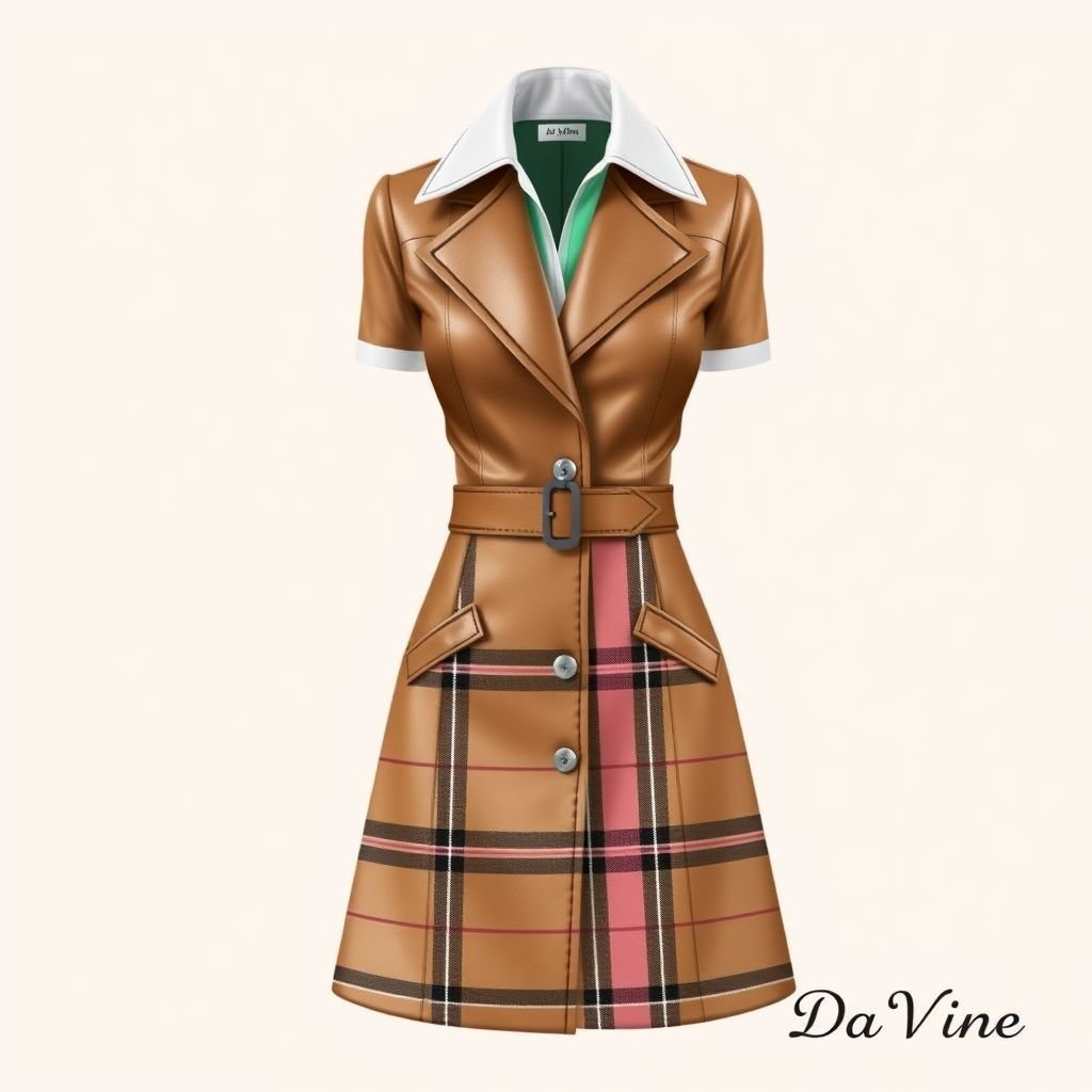 Create me a unique leather dress, something that cruella would make. Add some color to it. Put “Da’Vine” in the bottom left corner
Design a chic, preppy leather dress inspired by Cruella's bold style, featuring a tailored A-line silhouette with a crisp white collar and vibrant pastel accents, such as mint green and soft lavender. Incorporate playful plaid patterns into the leather, and elegantly place "Da'Vine" in the bottom left corner for a signature touch.
