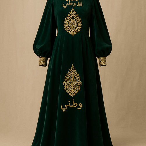 A long, modest emerald green dress (Thobe/Abaya style) made from rich silk or heavy velvet.

Embellishments: Features the motto "أنا وطني" and other texts embroidered with exquisite gold threadwork (Zari) on the chest and skirt.

Motif: The central pattern is rendered in intricate gold brocade or heavy hand-embroidery (Talli/Nakshi), reflecting traditional craftsmanship.

Details: Voluminous, long sleeves with gold-trimmed cuffs, and a modest neckline. The design fuses a modern modest silhouette with deep Saudi heritage using luxurious fabrics and royal gold accents.