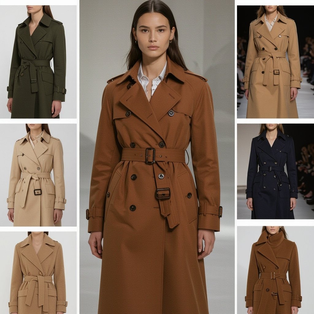 یه ترنچ کت قهوه ای بلند طراحی کن
Design a long brown trench coat in cotton twill, featuring a double-breasted front, storm flaps, and a belted waist with buckle closure.