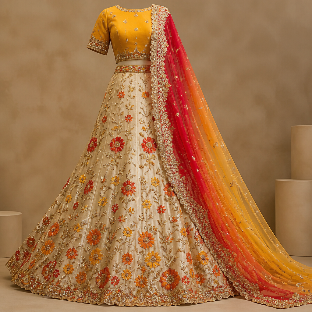 photorealistic fashion design, Ivory chiffon georgette bridal lehenga with heavy flare and red haldi yellow and haldi orange gota flowers all over the lehenga and give shaded Dupatta in red haldi yellow and haldi orange colour with gota embroidery all over and gota border and give haldi yellow choli with red and haldi orange gota border with short sleeves. Design with modest coverage., just the design no text. Refinement: Please change the flare of the lehenga and make it more stylish
photorealistic fashion design, photorealistic fashion design, Ivory chiffon georgette bridal lehenga with heavy flare and red haldi yellow and haldi orange gota flowers all over the lehenga and give shaded Dupatta in red haldi yellow and haldi orange colour with gota embroidery all over and gota border and give haldi yellow choli with red and haldi orange gota border with short sleeves. Design with modest coverage., just the design no text. Refinement: Please change the flare of the lehenga and make it more stylish , just the design no text