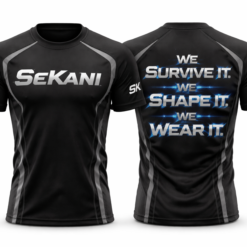 SeKani written on the front across the chest
On the back my slogan will read “We Survive It. We Shape It. We Wear It.” SK on the sleeve
SeKani written on the front across the chest
On the back my slogan will read “We Survive It. We Shape It. We Wear It.” SK on the sleeve , workout style, show front and back