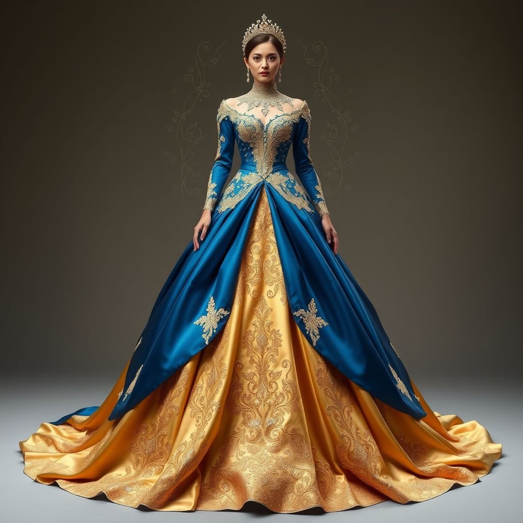 A gold and blue wedding dress
Design a breathtaking wedding gown that exudes glamour and elegance, blending rich gold silk with deep, shimmering blue satin. The dress features a voluminous ball gown silhouette, adorned with intricate gold embroidery and sparkling crystal embellishments. Cascading layers and a dramatic train evoke royalty, perfect for a fairytale wedding.