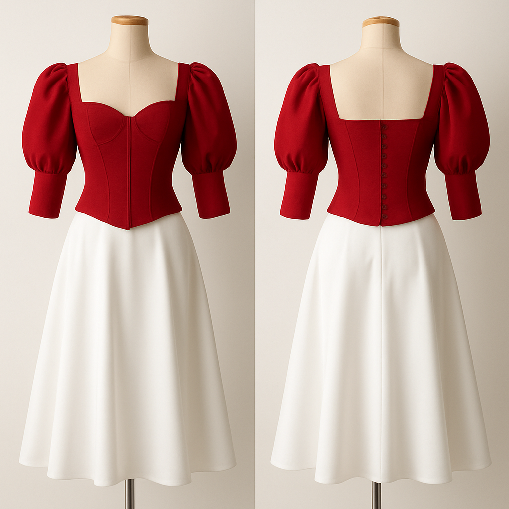 Red Fitted corset top , white midi flare skirt, puff sleeves
Red Fitted corset top , white midi flare skirt, puff sleeves
, show front and back
