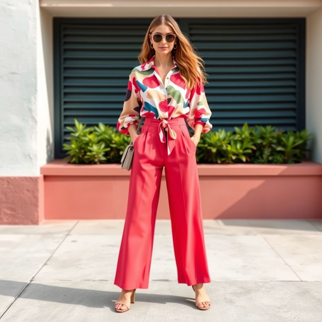 Wide leg pallazo pant and a knee length shirt
Design a chic outfit featuring wide-leg palazzo pants in a vibrant, abstract print, paired with a tailored knee-length shirt in solid pastel hues. The shirt boasts oversized sleeves and a cinched waist, accentuating the silhouette. Accentuate with unique accessories—a statement belt and minimalist sandals, perfect for a summer brunch.