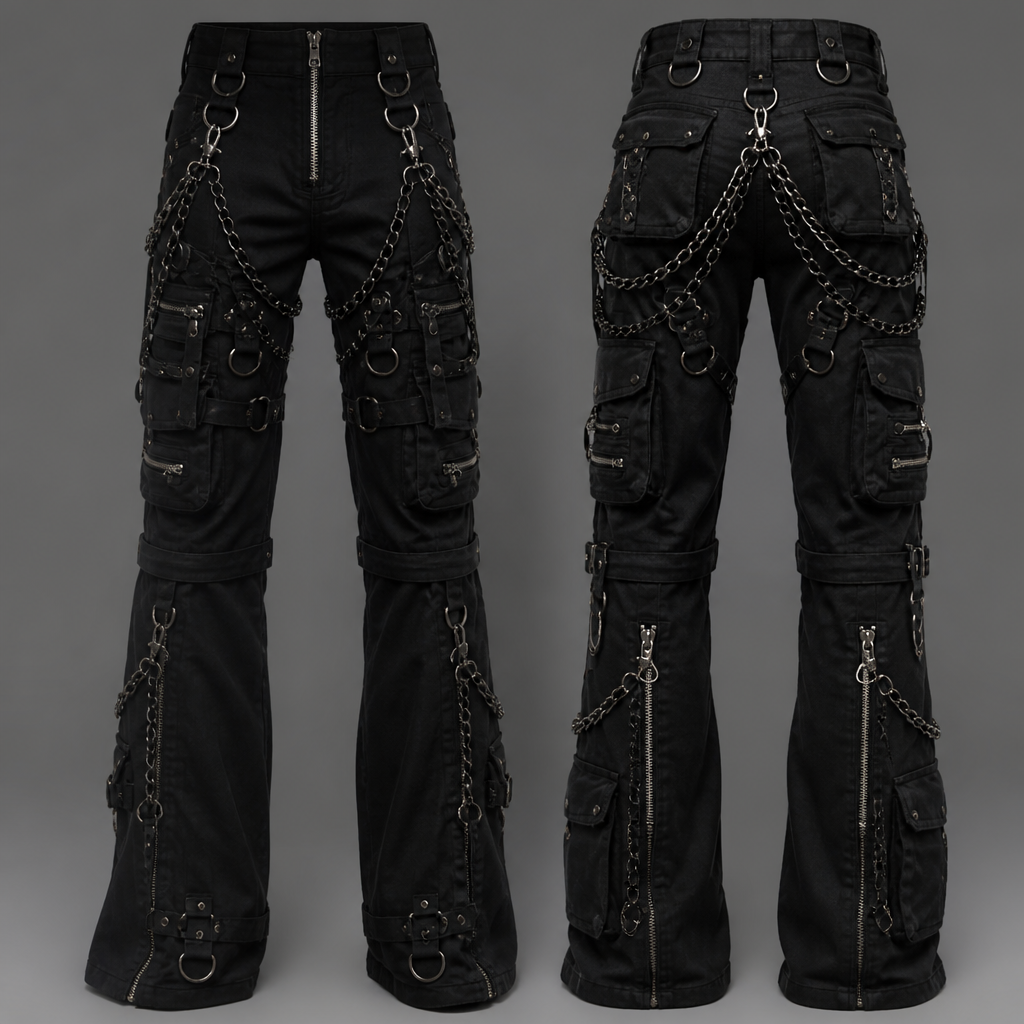 A Unisex Pants design, in Y2K style. Gothic
bondage /work for front pockets to back pockets
eight cargo pockets d rings rated at 1200 lb lots of
chains hanging off of them zipper down the front
and the back of the lower leg with plenty of zipper pockets fireproof
photorealistic fashion design, A Unisex Pants design, in Y2K style. Gothic
bondage /work for front pockets to back pockets
eight cargo pockets d rings rated at 1200 lb lots of
chains hanging off of them zipper down the front
and the back of the lower leg with plenty of zipper pockets fireproof, y2k style, just the design no text