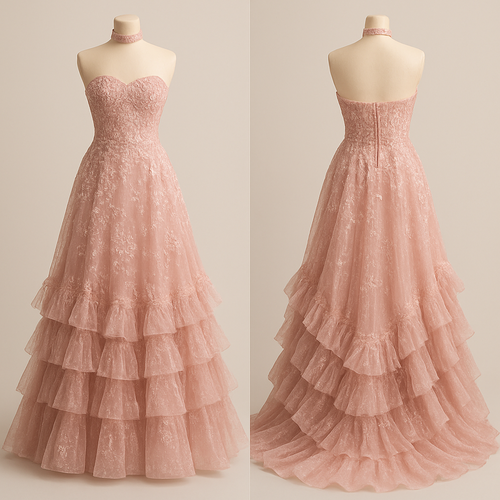 Long light pink dress with a floral design and  a Lacey top and ruffles on the skirt and strapless skirt that looks real that looks like a prom dress and make it sparkly add more ruffles and add a choker that matches the dress and a a train 