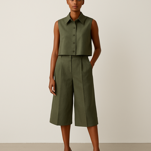 Earthy green Cropped boxy button up sleeveless shirt with oversized below knee  shorts  without jacket. Show head to toe one woman