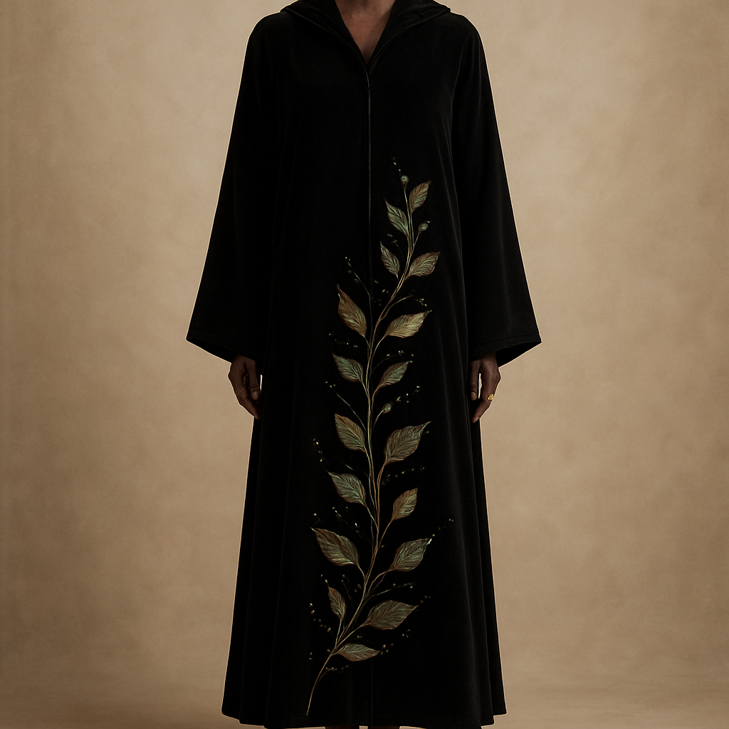 
4) Botanical vine with hand-painted leaves  
Photorealistic full-length black velvet ankle-length abaya on a luxurious polished dark-walnut wooden mannequin with carved pedestal, ankle visible; hand-painted metallic green and bronze leaf vine ascending from hem to waist, accented with scattered small crystals and seed pearls. Studio: soft natural-key light, neutral warm-beige backdrop, painterly detail. (Midjourney: --ar 2:3 --v 5 --q 2



4) Botanical vine with hand-painted leaves  
Photorealistic full-length black velvet ankle-length abaya on a luxurious polished dark-walnut wooden mannequin with carved pedestal, ankle visible; hand-painted metallic green and bronze leaf vine ascending from hem to waist, accented with scattered small crystals and seed pearls. Studio: soft natural-key light, neutral warm-beige backdrop, painterly detail. (Midjourney: --ar 2:3 --v 5 --q 2
