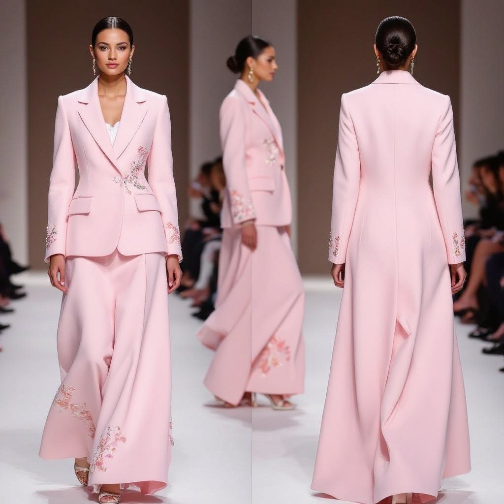 Long Abaya Blazer Design – Formal & Elegant • Outer Fabric: Worsted Wool (Super Wool) in a baby pink shade (very soft light pink). • Offers a subtle refined sheen with a straight, elegant structure that enhances the blazer style. • Inner Lining: Bemberg Rayon in light beige or pastel pink for added comfort and smoothness. • Key Details: • A-Line cut flowing gracefully from shoulder to floor. • Slim feminine blazer lapel with clean, neat finishing. • Hidden inner closure to keep the focus on the outer design and embroidery. • Back design: Kept plain and minimal, with a small slit at the center back hem, emphasizing the blazer character while allowing ease of movement. • Embroidery: • Crafted in delicate off-white raised stitching. • Placement: Starting from the right shoulder, flowing down along the side of the chest, extending seamlessly to mid-waist. • Pattern: Elegant floral and leaf motifs in raised embroidery, adding a refined feminine touch without overwhelming the formal character. • Subtle accents in very light golden threads can be added for a luminous effect under lighting. ⸻ ✨ Result: A baby pink abaya blazer with refined off-white side embroidery, plain back with a subtle slit, designed to blend formality, luxury, and feminine softness — perfect for occasions and business gatherings. Haute Couture fashion: Baby pink wool abaya blazer, A-line, with a slim lapel. Hidden front closure. Off-white raised floral embroidery from shoulder to mid-waist, with subtle gold accents. Plain back with a small hem slit.
Haute Couture fashion: Baby pink wool abaya blazer, A-line, with a slim lapel. Hidden front closure. Structured silhouette. Off-white raised floral embroidery with subtle gold threads, following side of chest. Plain back with a small hem slit.