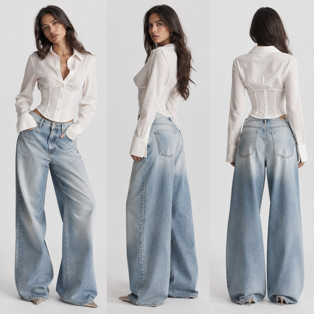 baggi jeans + fashion shirt with small waist + heels. SO fashion aesthetics. Present it as professional fashion catalogue photography: the garment is the subject, shown full-length with editorial styling, neutral posing and tasteful, non-suggestive framing.
photorealistic fashion design, baggi jeans + fashion shirt with small waist + heels. SO fashion aesthetics. Present it as professional fashion catalogue photography: the garment is the subject, shown full-length with editorial styling, neutral posing and tasteful, non-suggestive framing., just the design no text