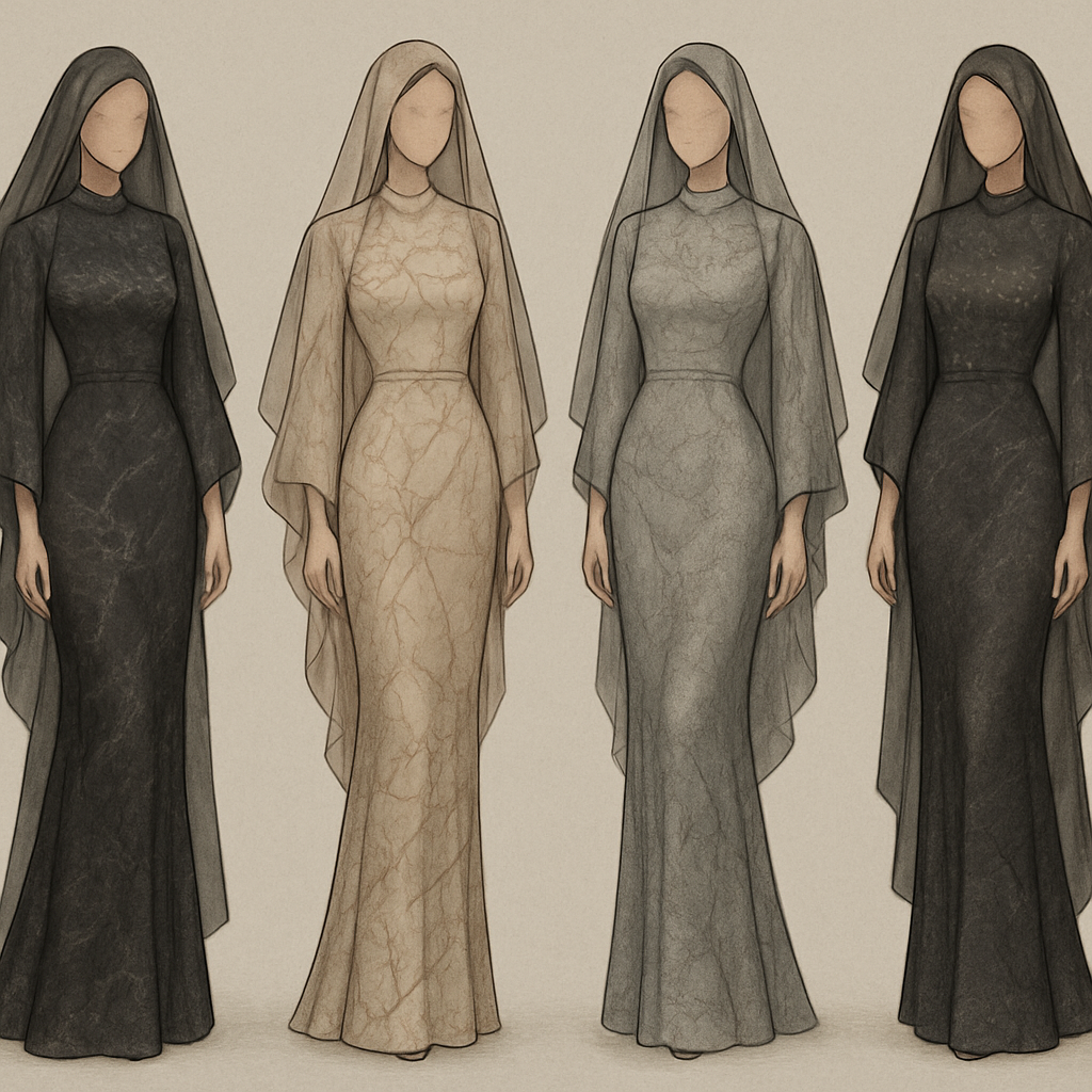 Create a modest sexy elegant fittted dress with a veil and kimono, the first of its kind, featuring a unique stone design that exudes a classy and sophisticated vibe. I'd like four designs, each showcasing different styles and fabrics. Incorporate high-end, unique chic stone designs to make them truly special. Add little sophisticated stone designs.
Create a modest sexy elegant fittted dress with a veil and kimono, the first of its kind, featuring a unique stone design that exudes a classy and sophisticated vibe. I'd like four designs, each showcasing different styles and fabrics. Incorporate high-end, unique chic stone designs to make them truly special. Add little sophisticated stone designs.