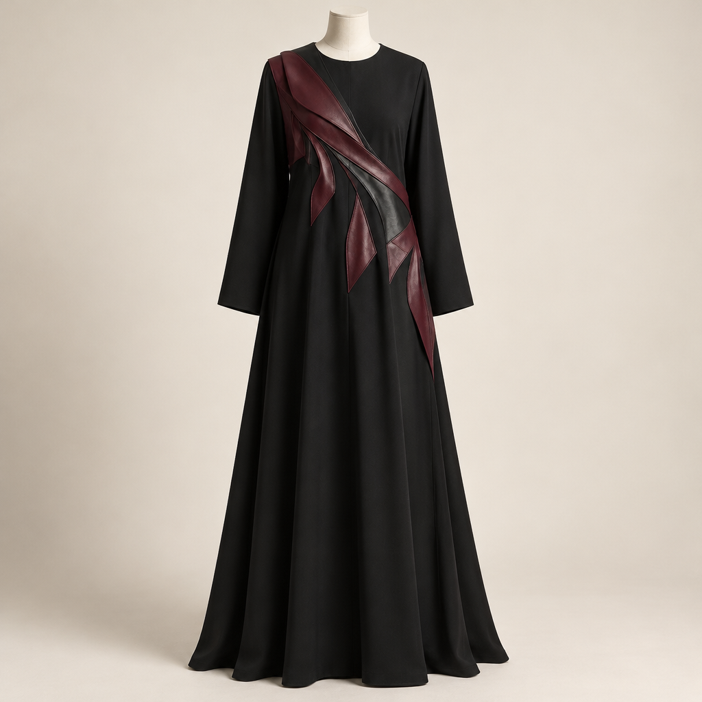 Create a luxurious high-fashion Saudi abaya design for a premium brand called “Seen Abaya”.
Abaya design:
* Main fabric: deep matte black crepe.
* Silhouette: elegant, flowing A-line abaya with a modest, luxurious fit.
* Sleeves: straight, simple sleeves with no puff or gathering.
* Neckline: clean, minimal round neckline.
* Main feature: a bold, artistic diagonal leather appliqué design starting at one shoulder and flowing diagonally across the torso toward the opposite waist.
* Leather colors: deep burgundy wine-red combined with black leather.
* Leather artwork: abstract sculptural shapes, sharp geometric fragments, elegant curved ribbons, overlapping asymmetrical panels, and dynamic flowing forms.
* The artwork must look like individual pieces of genuine leather carefully cut and layered onto the black fabric, with visible leather texture, realistic thickness, clean edges, and subtle dimensional shadows.
* Make the leather composition striking, artistic, sophisticated, and exclusive, like a luxury couture fashion piece.
* The burgundy leather should be rich and deep, creating a beautiful contrast against the black crepe.
* Keep the design balanced and elegant, with the diagonal artwork as the main focal point.
* The leather artwork should extend naturally from the shoulder toward the waist without covering the entire abaya.
* No flowers, no leaves, no embroidery, no beads, no rhinestones, no sequins, no printed patterns.
* Preserve the simplicity of the black fabric so the leather artwork stands out.
Presentation: Show the complete abaya in a professional fashion design visualization, front view, full length, on a faceless mannequin, against a clean warm ivory studio background. Use realistic fabric draping, detailed leather material, premium fashion editorial lighting, and high-resolution rendering.
The result should look like a manufacturable luxury abaya design, not a fantasy costume.
photorealistic fashion design, Create a luxurious high-fashion Saudi abaya design for a premium brand called “Seen Abaya”.
Abaya design:
* Main fabric: deep matte black crepe.
* Silhouette: elegant, flowing A-line abaya with a modest, luxurious fit.
* Sleeves: straight, simple sleeves with no puff or gathering.
* Neckline: clean, minimal round neckline.
* Main feature: a bold, artistic diagonal leather appliqué design starting at one shoulder and flowing diagonally across the torso toward the opposite waist.
* Leather colors: deep burgundy wine-red combined with black leather.
* Leather artwork: abstract sculptural shapes, sharp geometric fragments, elegant curved ribbons, overlapping asymmetrical panels, and dynamic flowing forms.
* The artwork must look like individual pieces of genuine leather carefully cut and layered onto the black fabric, with visible leather texture, realistic thickness, clean edges, and subtle dimensional shadows.
* Make the leather composition striking, artistic, sophisticated, and exclusive, like a luxury couture fashion piece.
* The burgundy leather should be rich and deep, creating a beautiful contrast against the black crepe.
* Keep the design balanced and elegant, with the diagonal artwork as the main focal point.
* The leather artwork should extend naturally from the shoulder toward the waist without covering the entire abaya.
* No flowers, no leaves, no embroidery, no beads, no rhinestones, no sequins, no printed patterns.
* Preserve the simplicity of the black fabric so the leather artwork stands out.
Presentation: Show the complete abaya in a professional fashion design visualization, front view, full length, on a faceless mannequin, against a clean warm ivory studio background. Use realistic fabric draping, detailed leather material, premium fashion editorial lighting, and high-resolution rendering.
The result should look like a manufacturable luxury abaya design, not a fantasy costume., just the design no text
