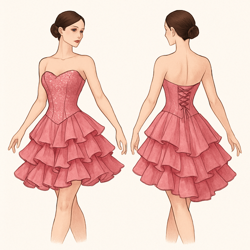 Rose pink dress with a ruffle skirt and a corset with sparkles 