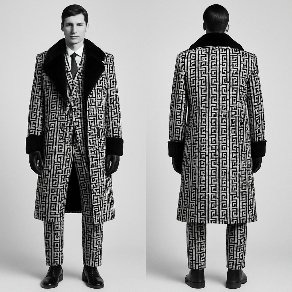 Men’s high fashion, sportswear, three-piece suit and overcoat, black and white Fendi Avangard with black mink fur
Men’s high fashion, sportswear, three-piece suit and overcoat, black and white Fendi Avangard with black mink fur, military style, show front and back