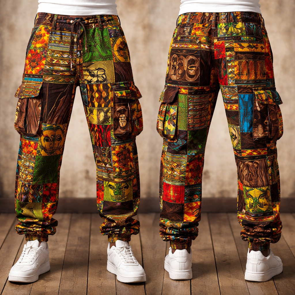 Unique cargo pants made with Afrocentric and tribal prints.
Unique cargo pants made with Afrocentric and tribal prints., casual style, show front and back