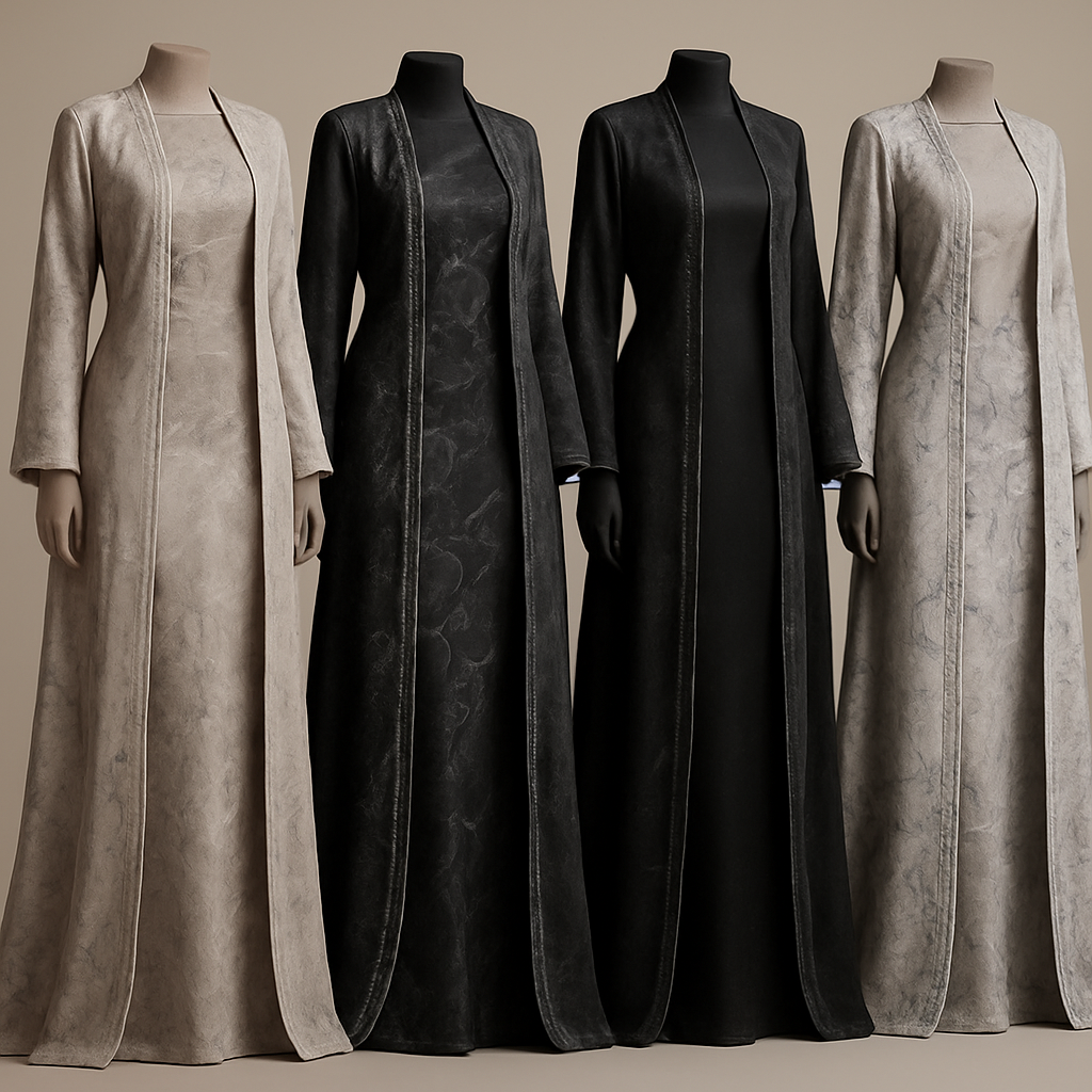 Create a modest sexy elegant fittted dress with abaya, the first of its kind, featuring a unique stone design that exudes a classy and sophisticated vibe. I'd like four designs, each showcasing different styles and fabrics. Incorporate high-end, unique chic stone designs to make them truly special. Add little sophisticated stone designs.
Create a modest sexy elegant fittted dress with abaya, the first of its kind, featuring a unique stone design that exudes a classy and sophisticated vibe. I'd like four designs, each showcasing different styles and fabrics. Incorporate high-end, unique chic stone designs to make them truly special. Add little sophisticated stone designs.
