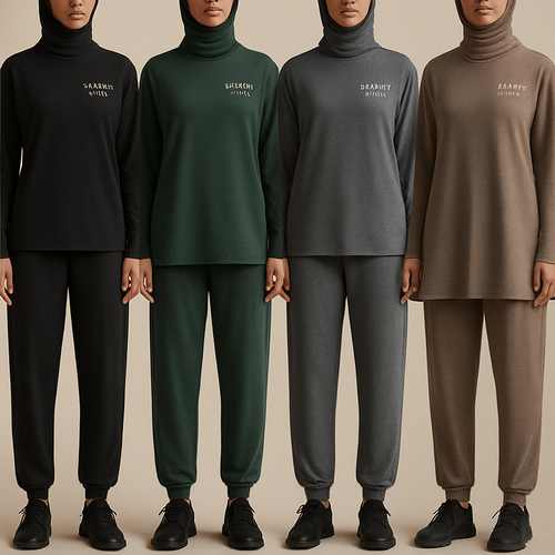 Create a revolutionary women's modest loose gym wear brand called "Modest Fleur". Display the brand name on the in a unique design on the upper right side, in small thick writing that exudes a classy and sophisticated vibe. I'd like four designs, each showcasing different styles and fabrics, with high-end, chic designs to make them truly special. Making it first design in the world 