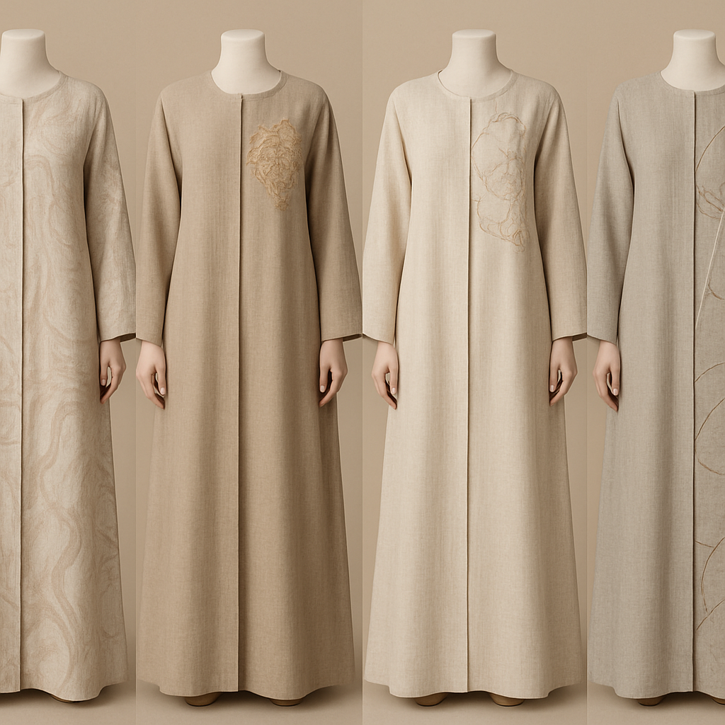 Create a modest two-piece linen abaya, the first of its kind, featuring a unique stone design that exudes a classy and sophisticated vibe. I’d like four designs, each showcasing different styles and fabrics. Incorporate high-end, unique chic stone designs to make them truly special. Add little sophisticated stone designs.

Create a modest two-piece linen abaya, the first of its kind, featuring a unique stone design that exudes a classy and sophisticated vibe. I’d like four designs, each showcasing different styles and fabrics. Incorporate high-end, unique chic stone designs to make them truly special. Add little sophisticated stone designs.
