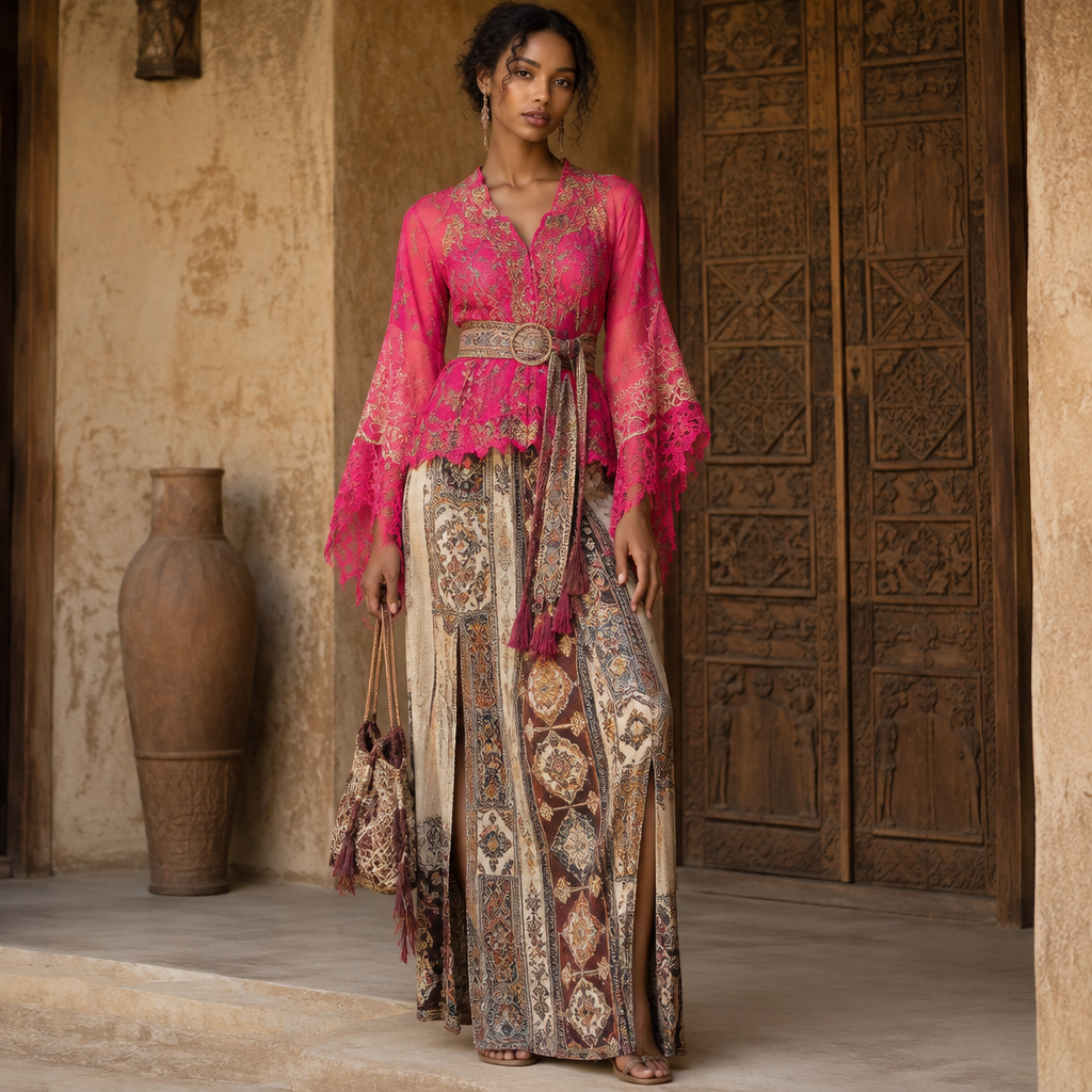 A Kebaya design, in Bohemian style. make a story with the bright pink top a comfy girl like a girl like a girly outfit. Ethiopia fashion aesthetics. Present it as professional fashion catalogue photography: the garment is the subject, shown full-length with editorial styling, neutral posing and tasteful, non-suggestive framing.
photorealistic fashion design, A Kebaya design, in Bohemian style. make a story with the bright pink top a comfy girl like a girl like a girly outfit. Ethiopia fashion aesthetics. Present it as professional fashion catalogue photography: the garment is the subject, shown full-length with editorial styling, neutral posing and tasteful, non-suggestive framing., bohemian style, just the design no text