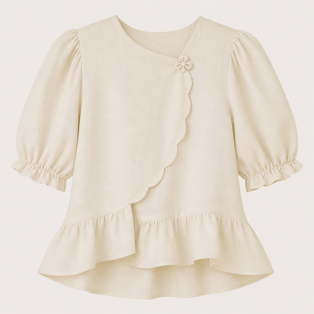 A Female Top design, suitable for Summer, in Classic style. asymmetric scallop overlay with delicated knot button. voluminous sleeves. ruffled peplum hem for feminine. rellaxed fit. United Kingdom fashion aesthetics.
photorealistic fashion design, A Female Top design, suitable for Summer, in Classic style. asymmetric scallop overlay with delicated knot button. voluminous sleeves. ruffled peplum hem for feminine. rellaxed fit. United Kingdom fashion aesthetics., classic style, just the design no text