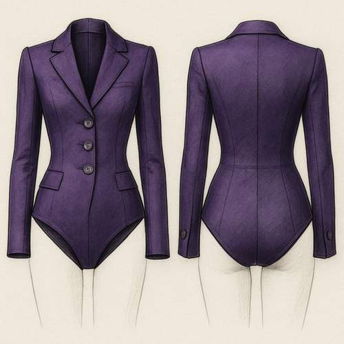 A bodysuit that is essentially a tailored suit for women in purple with gray buttons.