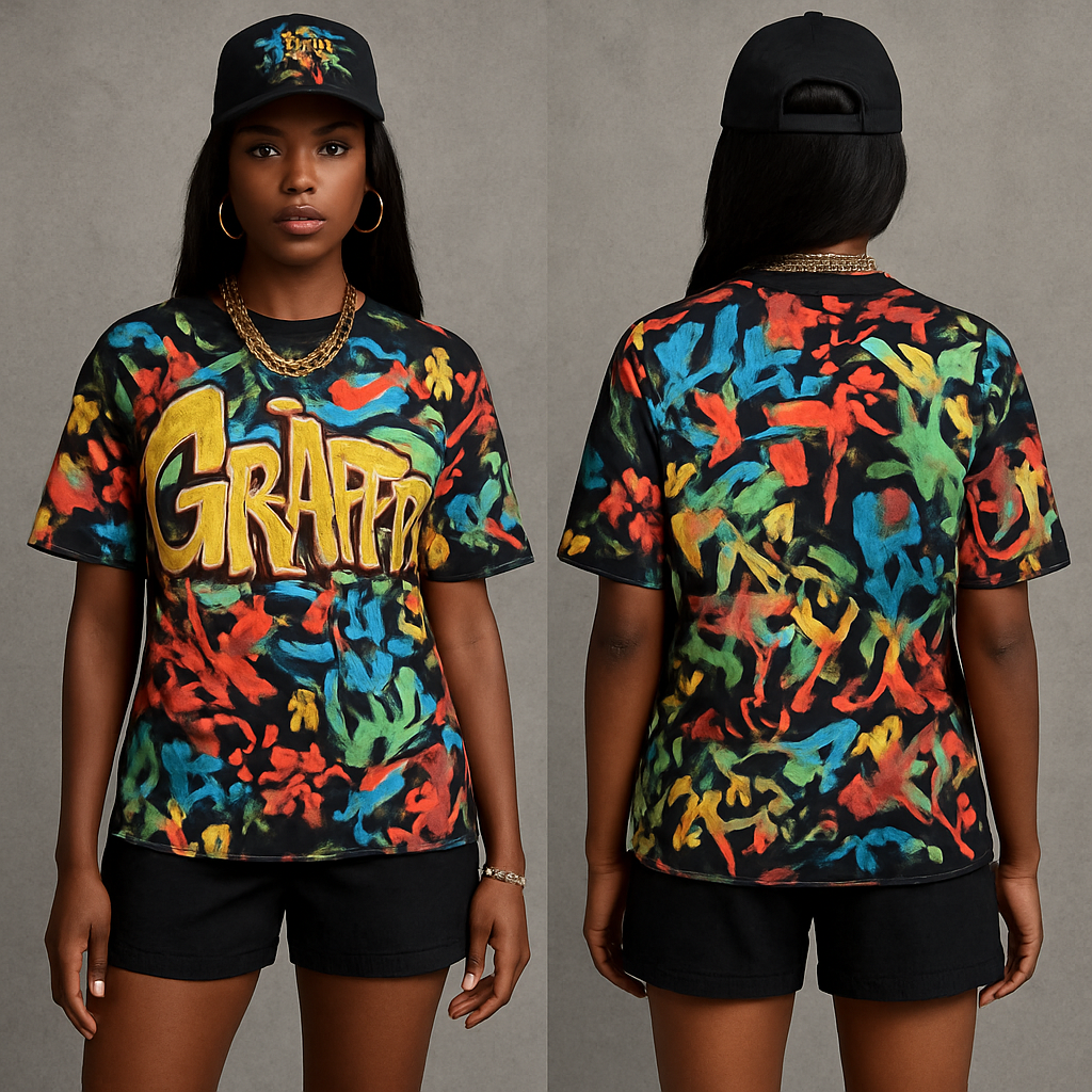Black woman
Graffiti shirt
Shorts
Gym shoes
hat with design
Gold jewelry
Black woman
Graffiti shirt
Shorts
Gym shoes
hat with design
Gold jewelry
, streetwear style, show front and back