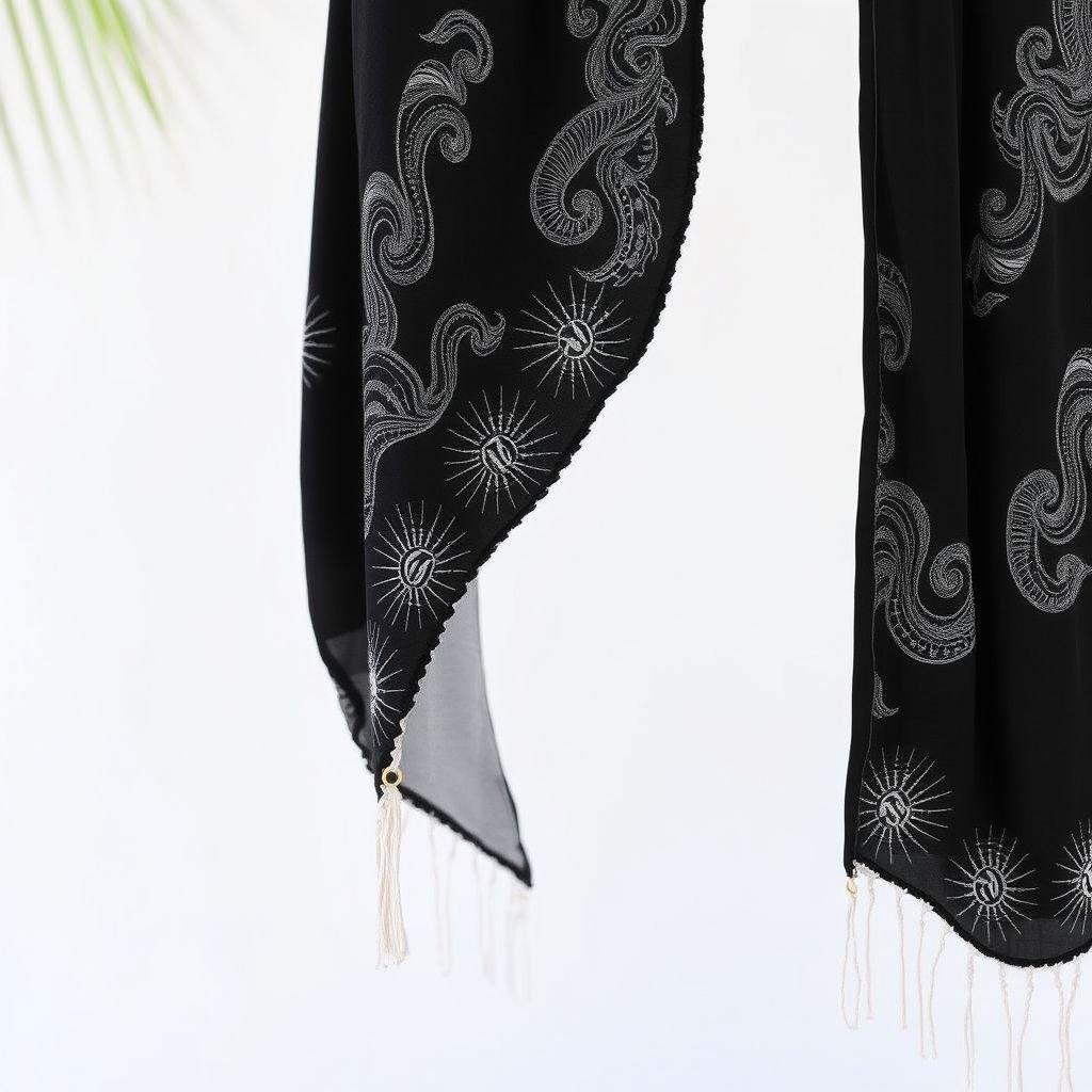 Black sarong
Design an elegant black sarong featuring intricate silver embroidery inspired by ocean waves. The fabric drapes fluidly, showcasing a high-slit design for movement. Accentuate with oversized seashell clasps and delicate macramé fringe along the hem. Perfect for beach strolls or tropical soirées, combining effortless style with a touch of whimsy.