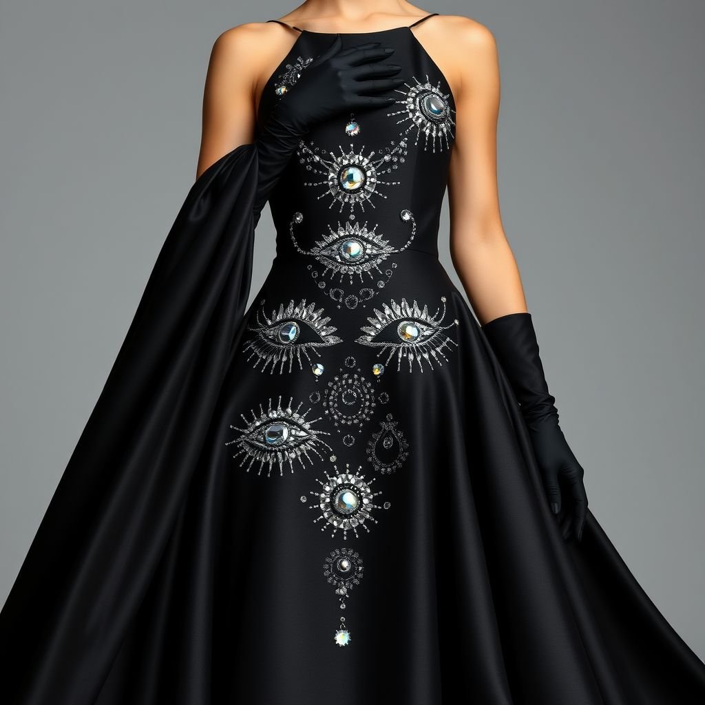 A long black sleeveless dress with black gloves having floated dress with 3d eyes shapes
Design an extravagant long black sleeveless gown draping elegantly to the floor, featuring a dramatic floaty silhouette. Adorn the bodice with dazzling 3D eye shapes, intricately embroidered in shimmering silver and iridescent jewels. Pair this ensemble with chic black satin gloves that extend to the elbow, embodying pure glamour and sophistication.