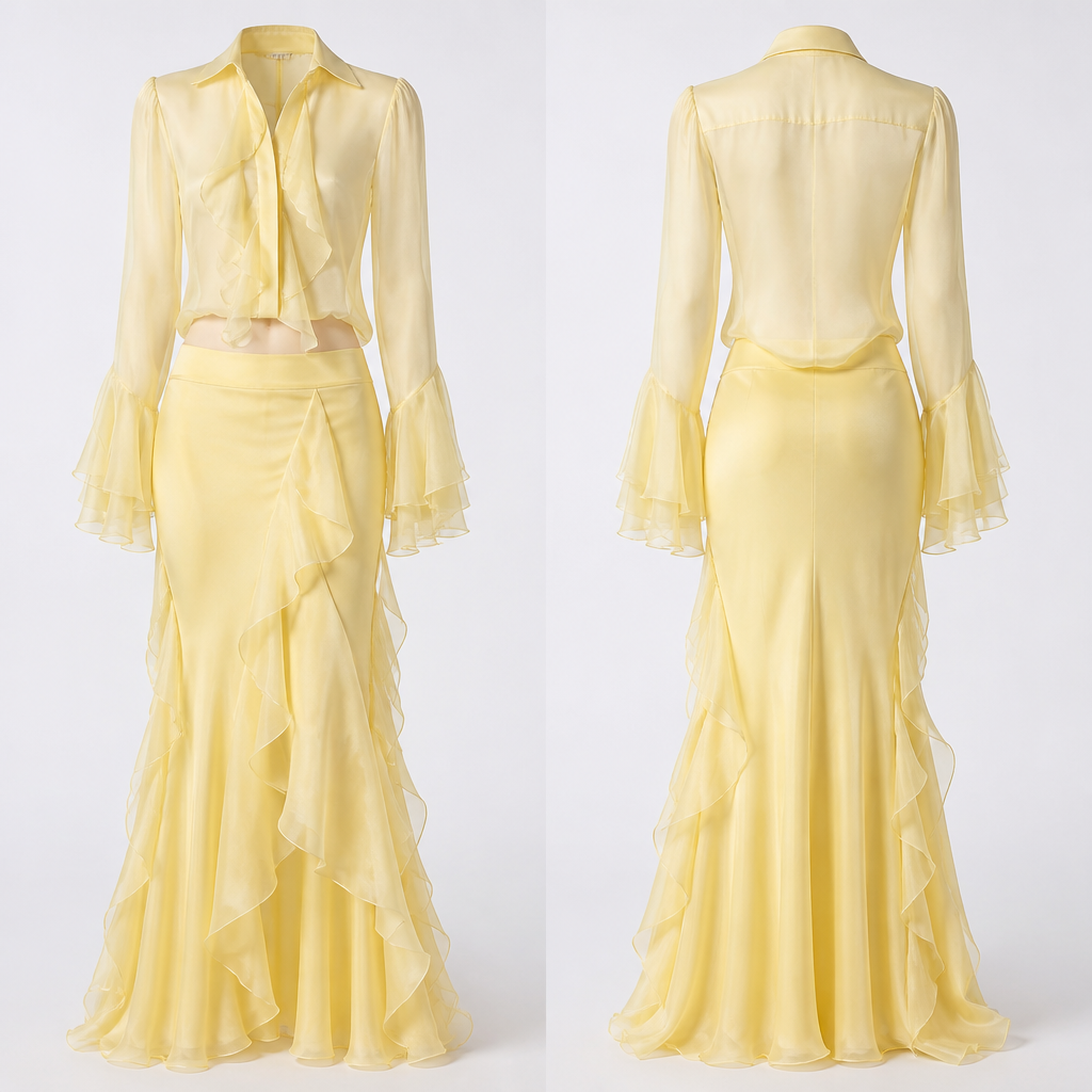 Feminine straight flowy accentuate waist y2k organza drapery ruffles elegant 2 piece set skirt long shirt flowy light butter yellow classy feminine
photorealistic fashion design, Feminine straight flowy accentuate waist y2k organza drapery ruffles elegant 2 piece set skirt long shirt flowy light butter yellow classy feminine, preppy_chic style, just the design no text, show front and back