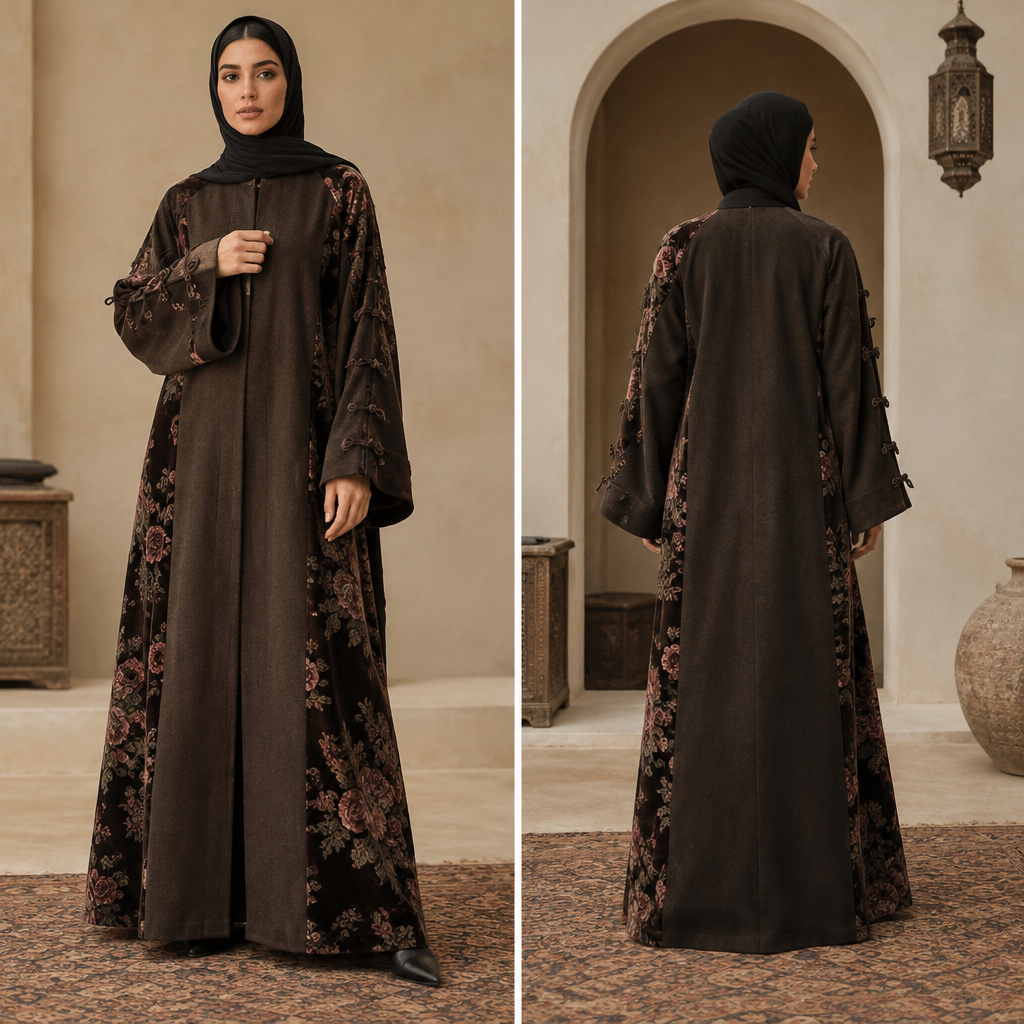 A Unisex Abaya design, suitable for Fall, in Vintage style. عبايه سواء بقماش البليزر قماش مخمل بنقشة الورورد في جانبين و مقدمة الاكمام بأزرار صينيه. Oman fashion aesthetics. Present it as professional fashion catalogue photography: the garment is the subject, shown full-length with editorial styling, neutral posing and tasteful, non-suggestive framing.
photorealistic fashion design, A Unisex Abaya design, suitable for Fall, in Vintage style. عبايه سواء بقماش البليزر قماش مخمل بنقشة الورورد في جانبين و مقدمة الاكمام بأزرار صينيه. Oman fashion aesthetics. Present it as professional fashion catalogue photography: the garment is the subject, shown full-length with editorial styling, neutral posing and tasteful, non-suggestive framing., vintage style, just the design no text