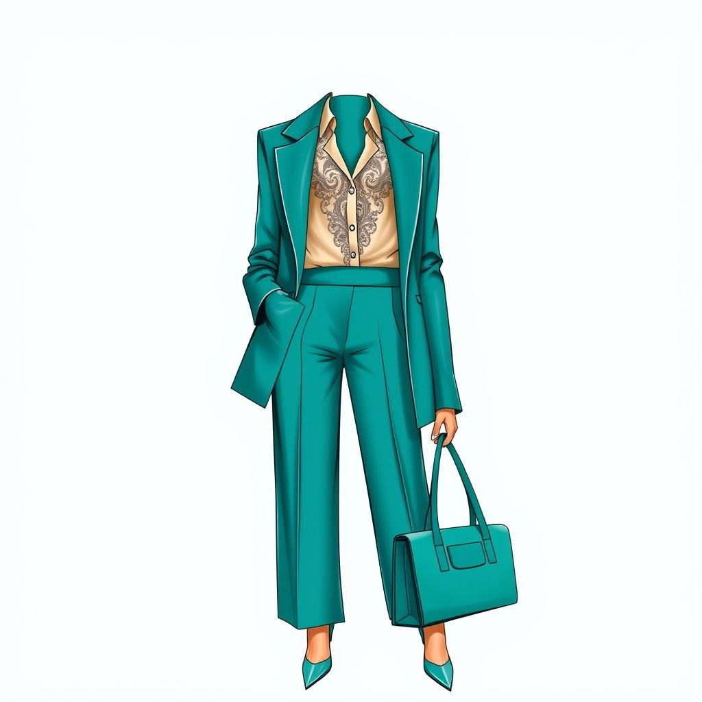 Business outfit for women teal
Imagine a striking business outfit for women in a vibrant teal hue. The ensemble features a tailored blazer with sharp shoulders and asymmetric lapels, paired with high-waisted, wide-leg trousers. Accentuate with a silk blouse that peeks through, showcasing intricate lace detailing. Complete with sleek stiletto heels and a structured leather handbag.