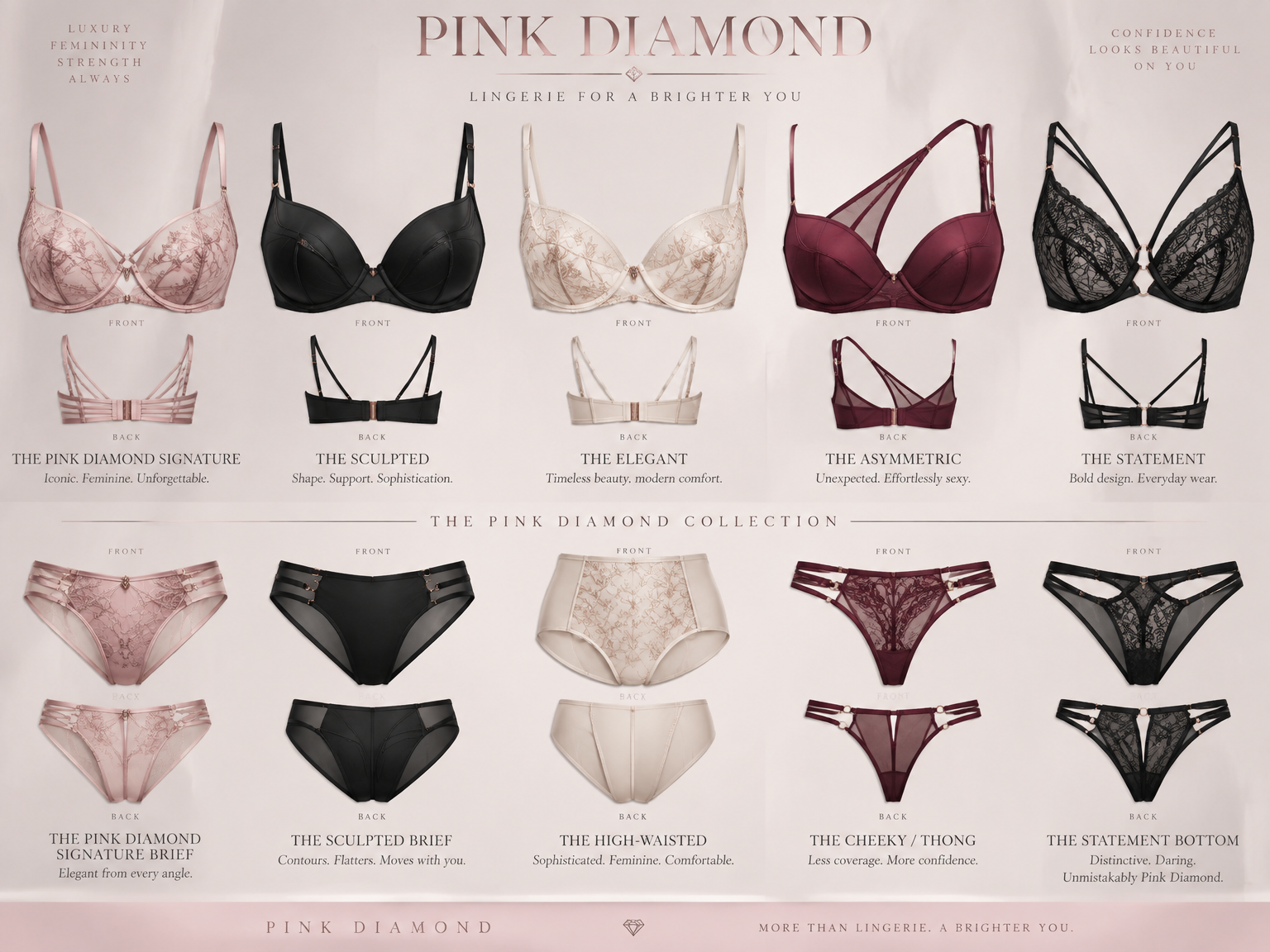 Create the first concept collection for a new luxury women’s lingerie and underwear brand called PINK DIAMOND.
Design 10 original pieces total: 5 elegant lingerie tops/bras and 5 elegant matching underwear bottoms.
The overall Pink Diamond aesthetic should feel luxurious, feminine, sexy, sophisticated, modern, confident, distinctive, and comfortable. The designs should immediately catch a woman’s attention and make her think, “I want that,” while still looking comfortable and realistic enough for everyday wear.
Do NOT make the collection look like generic or ordinary lingerie. Avoid relying exclusively on traditional lace. Explore creative silhouettes, sculpted construction, elegant seams, asymmetric details, tasteful cutouts, interesting strap arrangements, delicate mesh, satin, lace accents, premium elastics, and refined hardware.
TOPS — 5 DESIGNS
Create five distinctly different bra/top concepts:
Pink Diamond Signature — an elegant signature bra that could become the recognizable hero piece of the brand.
The Sculpted — a modern bra with beautiful sculpted seams and flattering structure.
The Elegant — feminine and sophisticated with delicate details and a luxurious appearance.
The Asymmetric — an unconventional but tasteful design using asymmetrical straps, panels, or construction.
The Statement — the most eye-catching and fashion-forward bra in the collection, while remaining wearable and comfortable.
BOTTOMS — 5 DESIGNS
Create five bottoms that coordinate with the overall collection:
Pink Diamond Signature Brief — elegant and recognizable.
The Sculpted Brief — flattering seams and body-contouring construction.
The High-Waisted — sophisticated, feminine, and comfortable.
The Cheeky/Thong — sexy but refined, with an original design detail.
The Statement Bottom — a distinctive fashion-forward bottom with an unusual but tasteful silhouette, strap, seam, or cutout.
DESIGN DIRECTION
Make every piece look like it belongs to the same luxury brand while ensuring all 10 designs are genuinely different.
Show front and back views whenever possible.
Include realistic garment construction, believable seams, straps, elastic placement, closures, stitching, and fabric behavior.
Use a sophisticated luxury aesthetic rather than an overly flashy one.
Explore a refined palette of soft pink, blush, champagne, ivory, black, deep burgundy, and subtle metallic accents, but do not make every design pink.
The designs should look like original fashion-designer concepts, not copies of existing lingerie brands.
Present all 10 pieces together as the first Pink Diamond Collection, with a clean luxury fashion presentation and a distinctive design name for every piece.
Most importantly, prioritize elegance + sex appeal + comfort + originality. The collection should make Pink Diamond feel like a real premium lingerie brand rather than a generic underwear label.
Create the first concept collection for a new luxury women’s lingerie and underwear brand called PINK DIAMOND.
Design 10 original pieces total: 5 elegant lingerie tops/bras and 5 elegant matching underwear bottoms.
The overall Pink Diamond aesthetic should feel luxurious, feminine, sexy, sophisticated, modern, confident, distinctive, and comfortable. The designs should immediately catch a woman’s attention and make her think, “I want that,” while still looking comfortable and realistic enough for everyday wear.
Do NOT make the collection look like generic or ordinary lingerie. Avoid relying exclusively on traditional lace. Explore creative silhouettes, sculpted construction, elegant seams, asymmetric details, tasteful cutouts, interesting strap arrangements, delicate mesh, satin, lace accents, premium elastics, and refined hardware.
TOPS — 5 DESIGNS
Create five distinctly different bra/top concepts:
Pink Diamond Signature — an elegant signature bra that could become the recognizable hero piece of the brand.
The Sculpted — a modern bra with beautiful sculpted seams and flattering structure.
The Elegant — feminine and sophisticated with delicate details and a luxurious appearance.
The Asymmetric — an unconventional but tasteful design using asymmetrical straps, panels, or construction.
The Statement — the most eye-catching and fashion-forward bra in the collection, while remaining wearable and comfortable.
BOTTOMS — 5 DESIGNS
Create five bottoms that coordinate with the overall collection:
Pink Diamond Signature Brief — elegant and recognizable.
The Sculpted Brief — flattering seams and body-contouring construction.
The High-Waisted — sophisticated, feminine, and comfortable.
The Cheeky/Thong — sexy but refined, with an original design detail.
The Statement Bottom — a distinctive fashion-forward bottom with an unusual but tasteful silhouette, strap, seam, or cutout.
DESIGN DIRECTION
Make every piece look like it belongs to the same luxury brand while ensuring all 10 designs are genuinely different.
Show front and back views whenever possible.
Include realistic garment construction, believable seams, straps, elastic placement, closures, stitching, and fabric behavior.
Use a sophisticated luxury aesthetic rather than an overly flashy one.
Explore a refined palette of soft pink, blush, champagne, ivory, black, deep burgundy, and subtle metallic accents, but do not make every design pink.
The designs should look like original fashion-designer concepts, not copies of existing lingerie brands.
Present all 10 pieces together as the first Pink Diamond Collection, with a clean luxury fashion presentation and a distinctive design name for every piece.
Most importantly, prioritize elegance + sex appeal + comfort + originality. The collection should make Pink Diamond feel like a real premium lingerie brand rather than a generic underwear label.
, luxury style