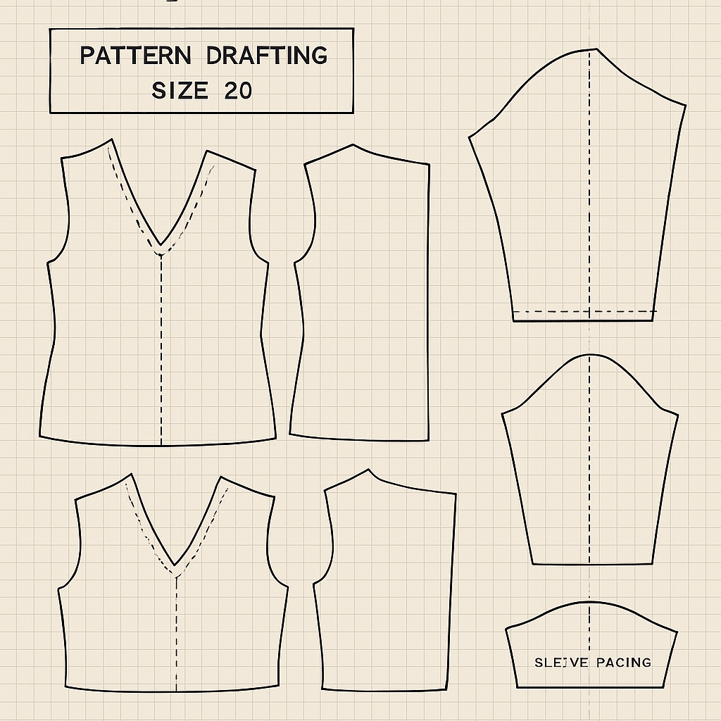 A pattern drafting of a six piece love neck blouse of a size 20
A pattern drafting of a six piece love neck blouse of a size 20