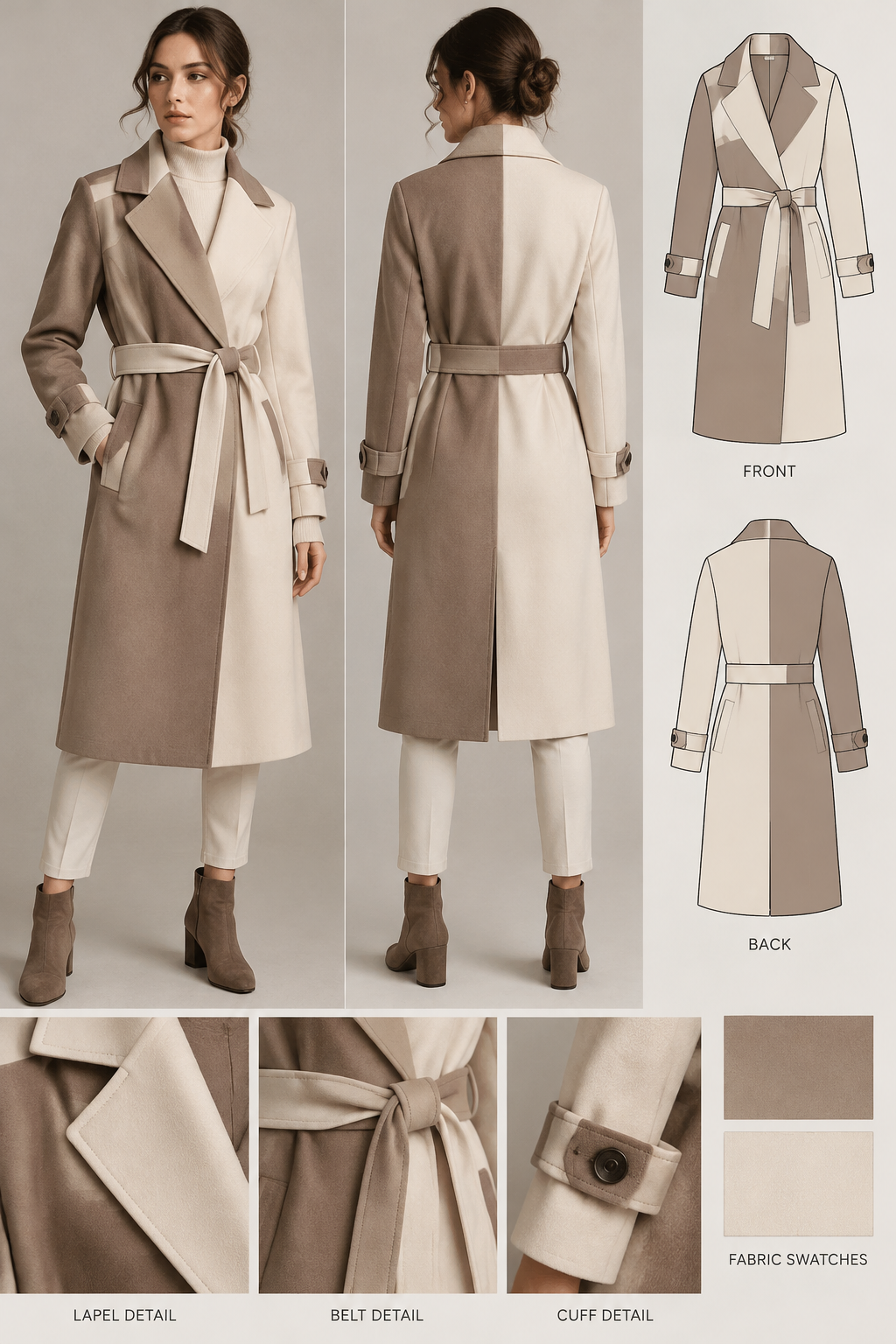 Long, two-toned spring/autumn coat with a belt, reaching down to the knees
Long, two-toned spring/autumn coat with a belt, reaching down to the knees