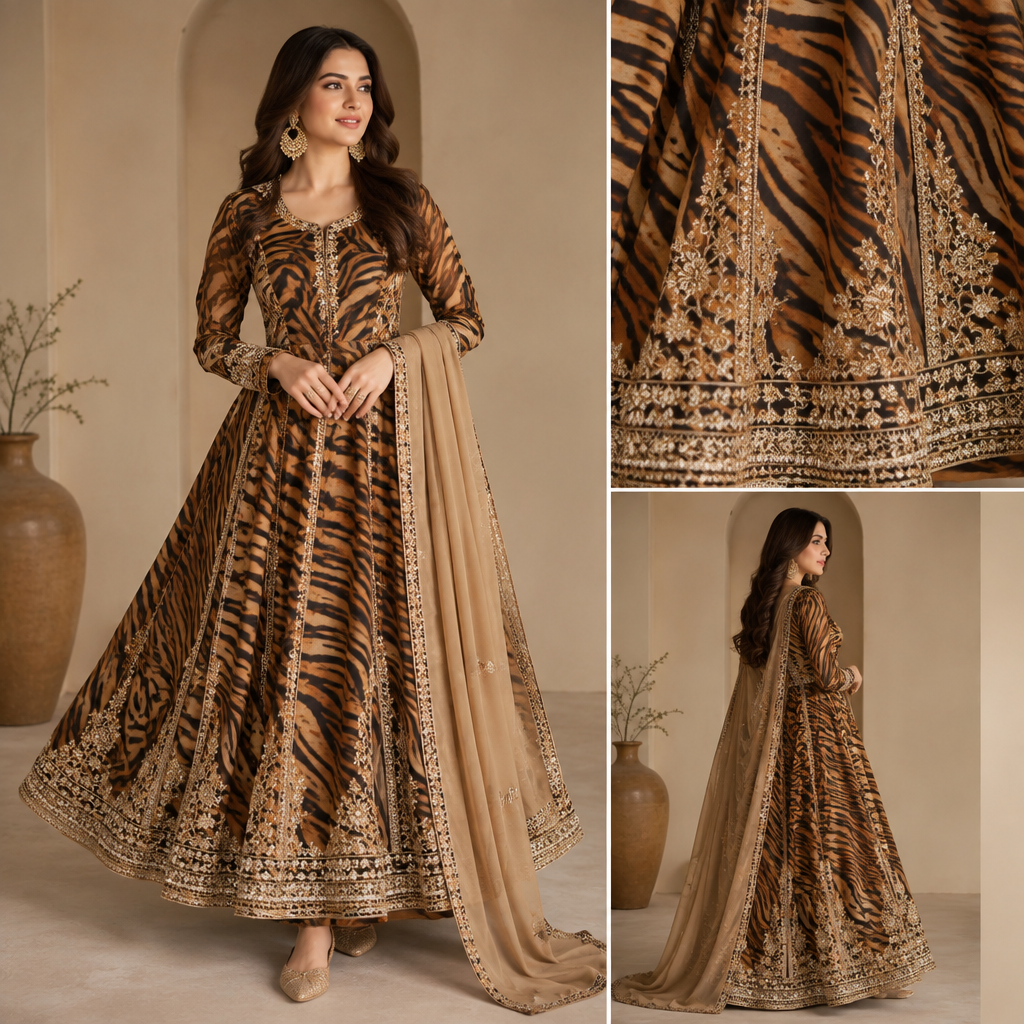 A Dress design. mujhe ek Anarkali frock chahie jiska color tiger print ho aur uske sath simple salwar aur frock ke palle bane ho aur uske upar kadhai ho unke Sath simple salwar ke color ka dupatta ho. Pakistan fashion aesthetics. Present it as professional fashion catalogue photography: the garment is the subject, shown full-length with editorial styling, neutral posing and tasteful, non-suggestive framing.
photorealistic fashion design, A Dress design. mujhe ek Anarkali frock chahie jiska color tiger print ho aur uske sath simple salwar aur frock ke palle bane ho aur uske upar kadhai ho unke Sath simple salwar ke color ka dupatta ho. Pakistan fashion aesthetics. Present it as professional fashion catalogue photography: the garment is the subject, shown full-length with editorial styling, neutral posing and tasteful, non-suggestive framing., just the design no text