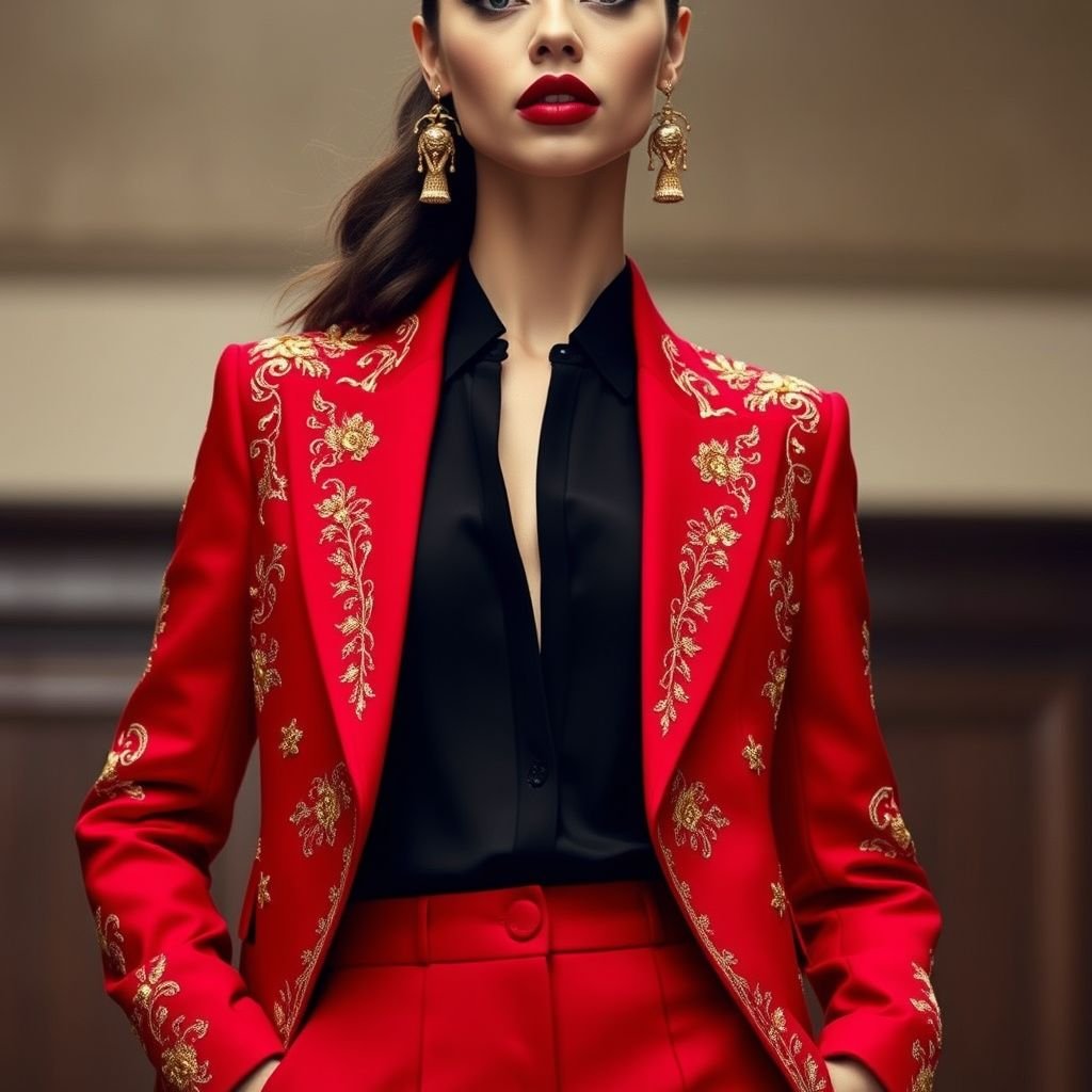 A beautiful woman wears a red suit
Envision a striking red suit adorned with intricate gold embroidery, blending classic tailoring with avant-garde elements. The jacket has an asymmetrical hem, while the tailored trousers feature subtle side slits. Layered underneath, a sheer black blouse adds depth. Bold red lips and oversized statement earrings complete this elegant, empowering look.