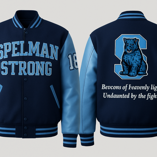 Bomber jacket Embroidery & Patch Placement

Back Design
	•	Replace the octagonal emblem with a large, bold letter “S” in Pantone 283U, centered on the jacket back.
	•	The Spelman Jaguar mascot should be positioned seated or centered over the “S”, combining tradition and contemporary collegiate style.
	•	Use one of the following edge finishes for the embroidered patch:
	•	Merrowed Edge: A standard overlocked border that prevents fraying, creating a soft, rounded, dimensional edge.
	•	Satin Stitch Border: A smooth satin-stitched border providing a polished, clean look ideal for simple shapes or lettering edges.

Front Design
SPELMAN STRONG embroidery across the chest, using two-tone thread:

Pantone 283U fill with a Pantone 2748U outline for depth and boldness.

Embroidery should have a raised stitch for a premium, collegiate feel.

Sleeves
Maintain the varsity-style 18 upper right arm and 81 upper left arm
numbering in Pantone 2748U, outlined in white thread collegiate block lettering 

Thread: White polyester embroidery thread

Font: Cursive script, elegant serif-inspired

Size: Proportionate to sleeve width, not exceeding 1 inch in letter height

Materials & Finishing Details

Body Fabric: Premium wool-blend in Pantone 2748U navy

Sleeves: Genuine or synthetic leather in Pantone 283U light blue

Lining: Quilted satin interior, color-matched to Pantone 283U

Ribbing: Dual-tone ribbed cuffs, collar, and waistband (Pantone 2748U base with Pantone 283U accent stripes)

Buttons: Matte-finish, navy-coated metal snaps

Embroidery Threads: 100% polyester, colorfast, Pantone-matched for fade resistance

Patch Finish: All embroidered patches should feature either Merrowed or Satin Stitch borders

Lettering Texture: Raised satin fill for “SPELMAN STRONG,” “1881,” and the Jaguar emblem to maintain tactile depth

Back of jacket use the Spelman College Jaguar mascot found on this link https://www.spelman.edu/news/2024/02/_images/jaguar_photo.png on top of a big letter S encircling the jaguar and S on the back with the following line in collegiate block:
Beacons of heavenly light Undaunted by the fight.”