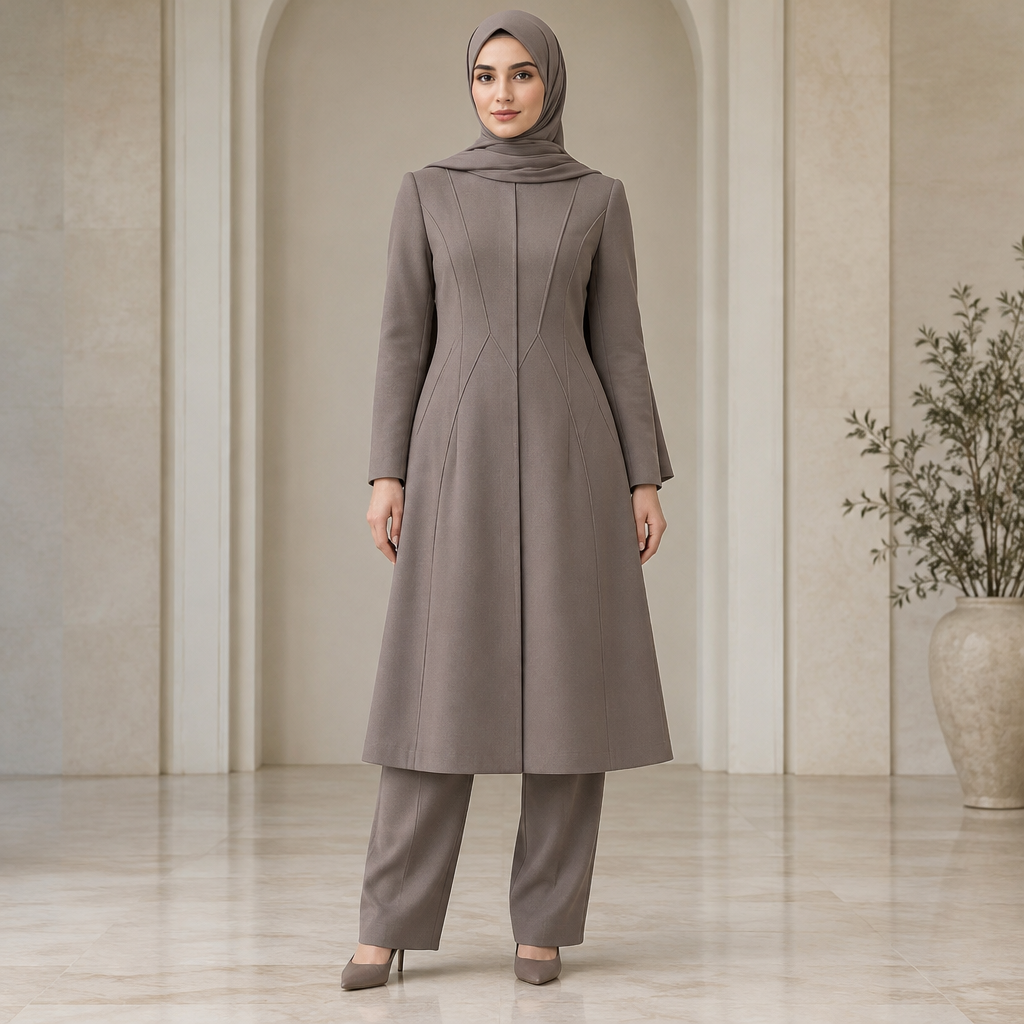 A Female Coat design, in Elegant style. modest long women's manteau (overcoat), length 110 cm. The front features symmetrical and artistic geometric seam lines (dart seams) stitched directly into the fabric, creating a structured and architectural look. The seams are part of the garment's construction, not separate overlapping layers or open slits. Made of plain, solid-color fabric with no embroidery, no prints, and no extra decorations. Styled with a matching modest headscarf (maghnaeh) and loose-fitting pants (shalvar). Full-body fashion design illustration, front view.. IR fashion aesthetics. Present it as professional fashion catalogue photography: the garment is the subject, shown full-length with editorial styling, neutral posing and tasteful, non-suggestive framing.
photorealistic fashion design, A Female Coat design, in Elegant style. modest long women's manteau (overcoat), length 110 cm. The front features symmetrical and artistic geometric seam lines (dart seams) stitched directly into the fabric, creating a structured and architectural look. The seams are part of the garment's construction, not separate overlapping layers or open slits. Made of plain, solid-color fabric with no embroidery, no prints, and no extra decorations. Styled with a matching modest headscarf (maghnaeh) and loose-fitting pants (shalvar). Full-body fashion design illustration, front view.. IR fashion aesthetics. Present it as professional fashion catalogue photography: the garment is the subject, shown full-length with editorial styling, neutral posing and tasteful, non-suggestive framing., elegant style, just the design no text