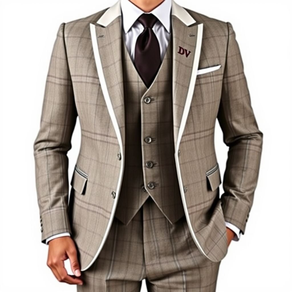 Home Chic White Notched Lapel Three Pieces Plaid Business Suits Groomsmen suits . Put “DV” on it somewhere
Envision an elegant three-piece plaid business suit for groomsmen, featuring a pristine white notched lapel. The tailored jacket showcases subtle, sophisticated DV embroidery on the cuffs, while the vest adds a touch of refinement. Chic, fitted trousers complete the look, blending classic charm with modern elegance, perfect for any upscale occasion.