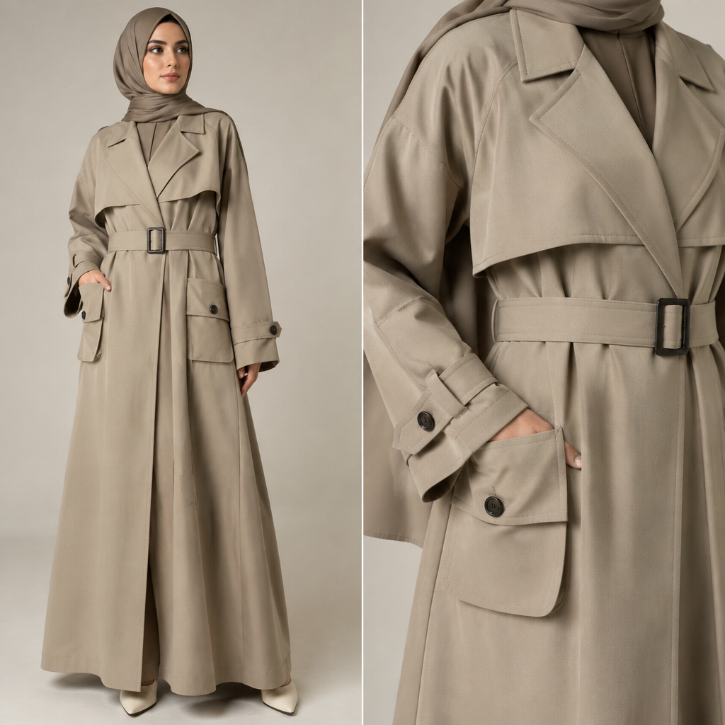 Create me an abaya that has a similar design like trench coat
photorealistic fashion design, Create me an abaya that has a similar design like trench coat, safari style, just the design no text