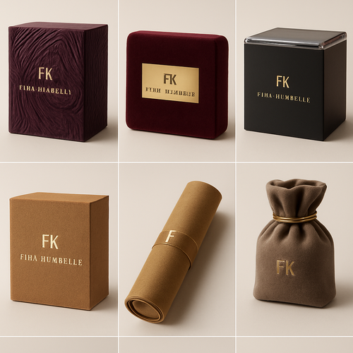 FIMA KAMBELLE clothing brand packaging 

1. Sculpted art boxes with carved textures in deep plum or obsidian.
2. Velvet-wrapped cases with gold metal nameplates.
3. Matte boxes with crystal-edge lids for a luxe reveal.
4. Sand-pressed textured boxes in rich, earthy tones.
5. Silk-wrapped scroll tubes for scarves and accessories.
6. Suede pouches with metallic cords and minimal FK branding.
7. Seamless magnetic capsules for a modern, couture feel.
