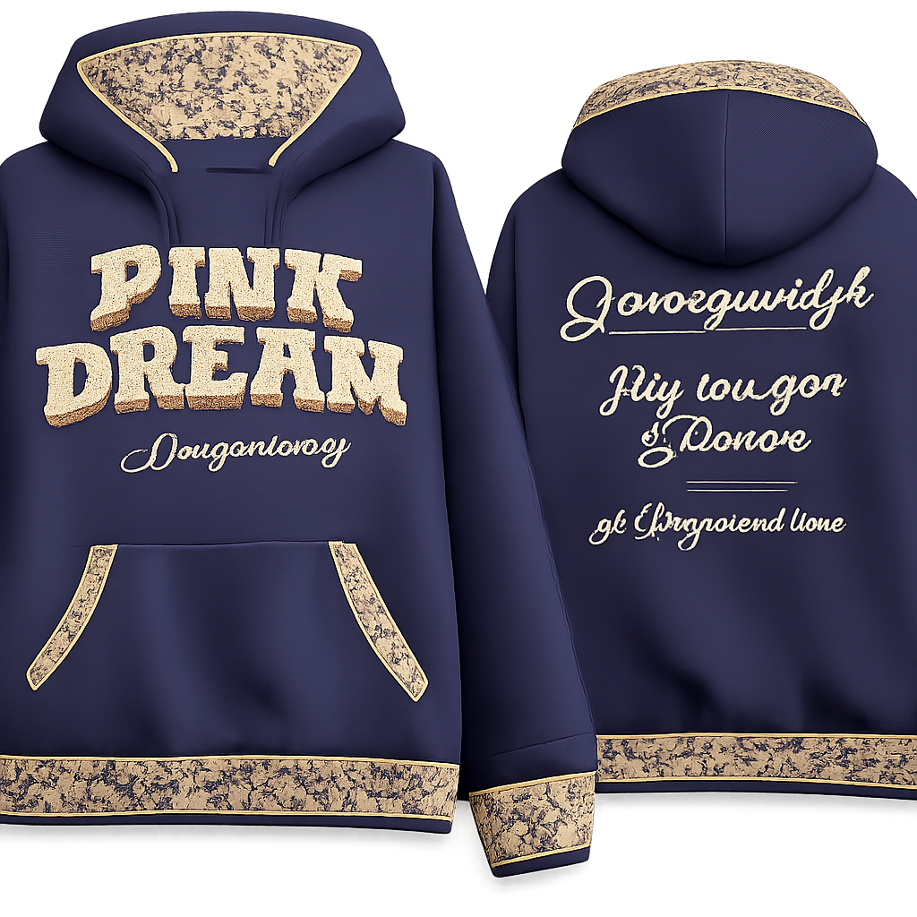 Coton ouater mid size de couleur bleu marin.Logo écrit avec des lettres majuscules et épaisse en relief 3D de couleur jaune pale avec motif de leopard(taches dorées).Le logo c’est « PINK DREAM ».En dessous en écriture fines et attaché en jaune/ doré ce sera écrit « by Girly Memory »Dans le dos du coton ouater dans la même écriture attaché et fines, ce sera écrit « Dream your life » et en dessous bien aligné ce sera écrit « Then live your Dream »,c’est 2 phrase de la même couleur que le texte a l’avant du coton.Plus bas dans la même écriture cette fois ci en blanc ce sera écrit « Just live your teenage Dream ».Sur les extrémités des manches donc la partie qui entoure le poignet ce sera la même couleur et le même motif que le logo c’est à dire un motif léopard avec fond jaune et taches doré.Ce même motif ce trouvera aussi sur l’élastique qui est placé autour des hanches du coton ouater et dans l’intérieur de la capuche du sweater et l’intérieur de la poche ouverte des deux côté à l’avant du coton.puis pour finir juste au haut de l’élastique qui fait le tour des poignet donc les extrémités de mes manches et l’élastique autour de mes hanches,il y aura un motif de vagues qui se suivent partout autour donc 2 ligne de « vagues » la 1er jaune comme le fond du motif léopard et la 2e doré comme les taches du motif léopard.Desole de la longue commande merci beaucoup et stp!
Coton ouater mid size de couleur bleu marin.Logo écrit avec des lettres majuscules et épaisse en relief 3D de couleur jaune pale avec motif de leopard(taches dorées).Le logo c’est « PINK DREAM ».En dessous en écriture fines et attaché en jaune/ doré ce sera écrit « by Girly Memory »Dans le dos du coton ouater dans la même écriture attaché et fines, ce sera écrit « Dream your life » et en dessous bien aligné ce sera écrit « Then live your Dream »,c’est 2 phrase de la même couleur que le texte a l’avant du coton.Plus bas dans la même écriture cette fois ci en blanc ce sera écrit « Just live your teenage Dream ».Sur les extrémités des manches donc la partie qui entoure le poignet ce sera la même couleur et le même motif que le logo c’est à dire un motif léopard avec fond jaune et taches doré.Ce même motif ce trouvera aussi sur l’élastique qui est placé autour des hanches du coton ouater et dans l’intérieur de la capuche du sweater et l’intérieur de la poche ouverte des deux côté à l’avant du coton.puis pour finir juste au haut de l’élastique qui fait le tour des poignet donc les extrémités de mes manches et l’élastique autour de mes hanches,il y aura un motif de vagues qui se suivent partout autour donc 2 ligne de « vagues » la 1er jaune comme le fond du motif léopard et la 2e doré comme les taches du motif léopard.Desole de la longue commande merci beaucoup et stp!